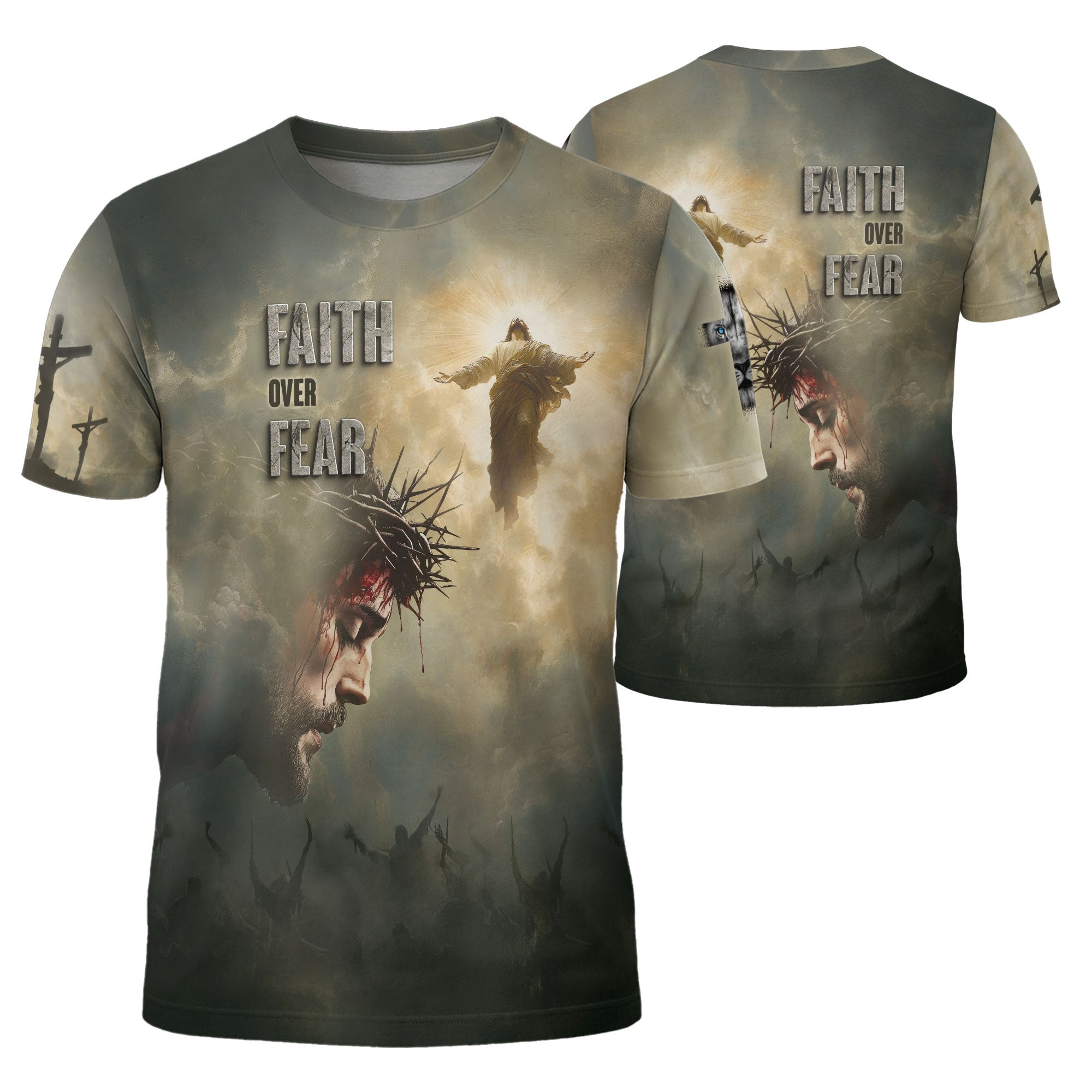 Christian Tee Shirts for Men, RustField Co - Faith Over Fear Jesus Crown of Thorns, Freedom Shirts - Rust Field Wear