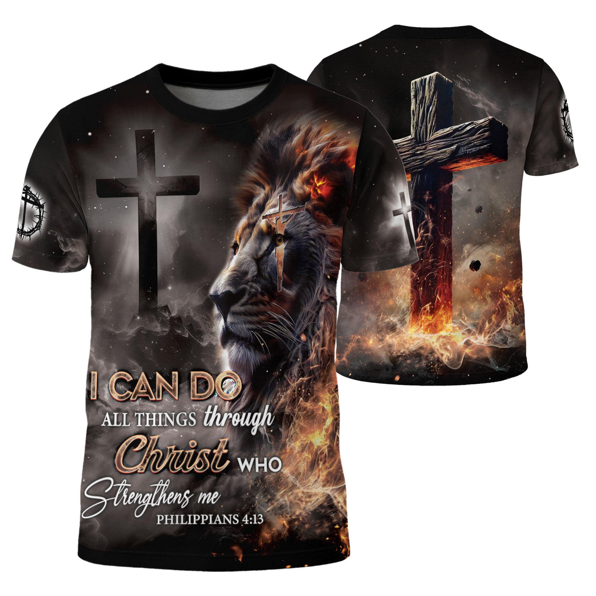 RustField Co Christian Tee Shirts - I Can Do All Things Through Christ Lion and Cross, Freedom Shirts for Men - Rust Field Wear