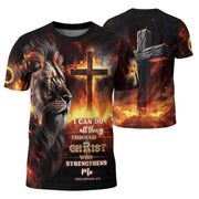 RustField Co, Crucified Lion and Fiery Cross Philippians 4 13 - Christian Tee Shirts for Men, Freedom Shirts - Rust Field Wear