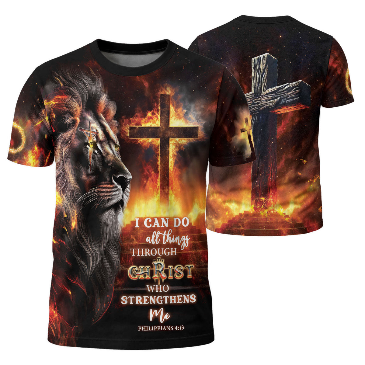 RustField Co, Crucified Lion and Fiery Cross Philippians 4 13 - Christian Tee Shirts for Men, Freedom Shirts - Rust Field Wear