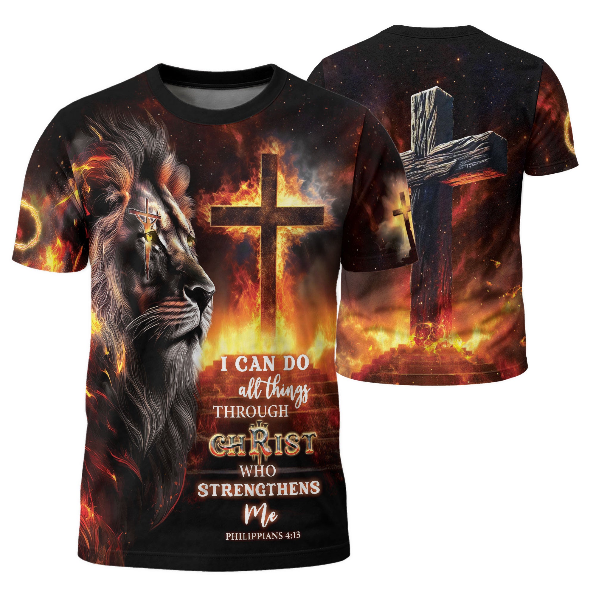 RustField Co, Crucified Lion and Fiery Cross Philippians 4 13 - Christian Tee Shirts for Men, Freedom Shirts - Rust Field Wear