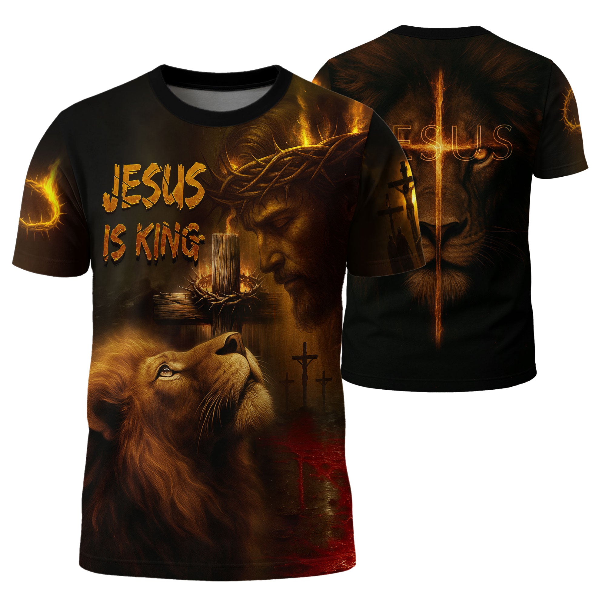 RustField Co Christian Tee Shirts - Jesus Is King Crown of Thorns and Lion of Judah, Freedom Shirts for Men - Rust Field Wear