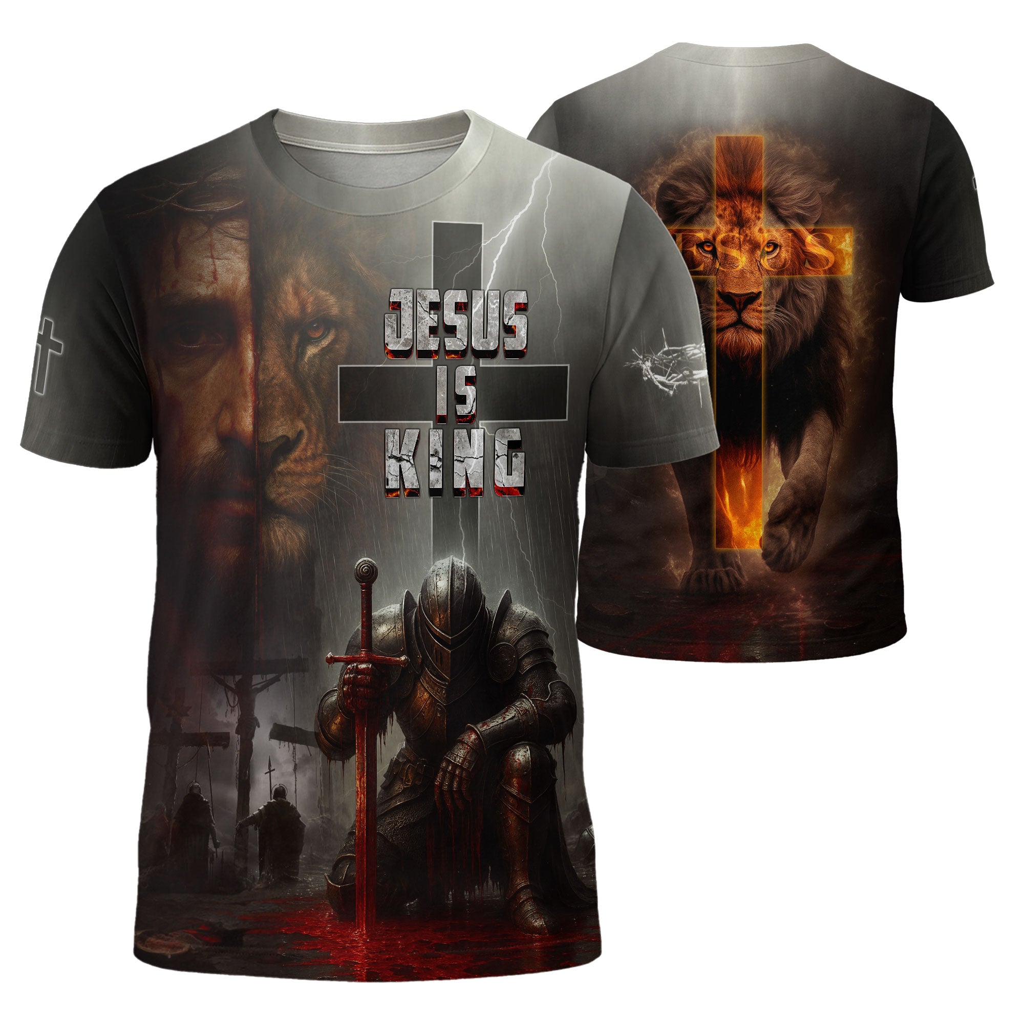 Jesus Is King Knight Cross and Lion, Freedom Shirts - Christian Tee Shirts for Men, RustField Co - Rust Field Wear
