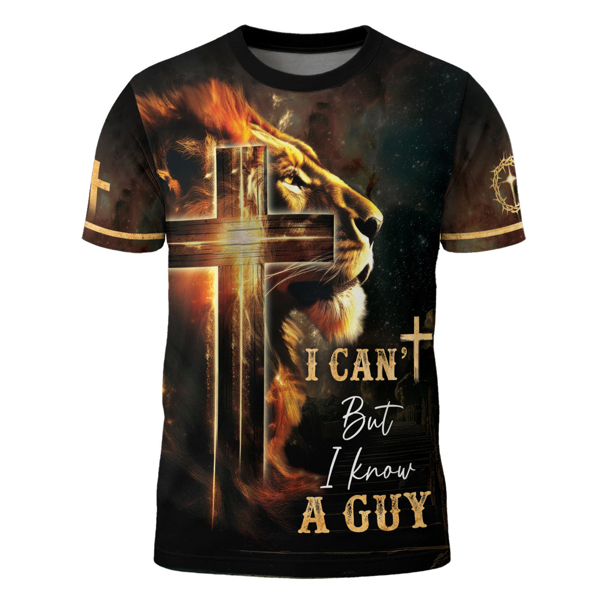 Fiery Lion of Judah 3D All Over Print Graphic Tee declaring I Can't But I Know A Guy, Christian Tee Shirts, Jesus Shirt, Rustfield Co. - Rust Field Wear