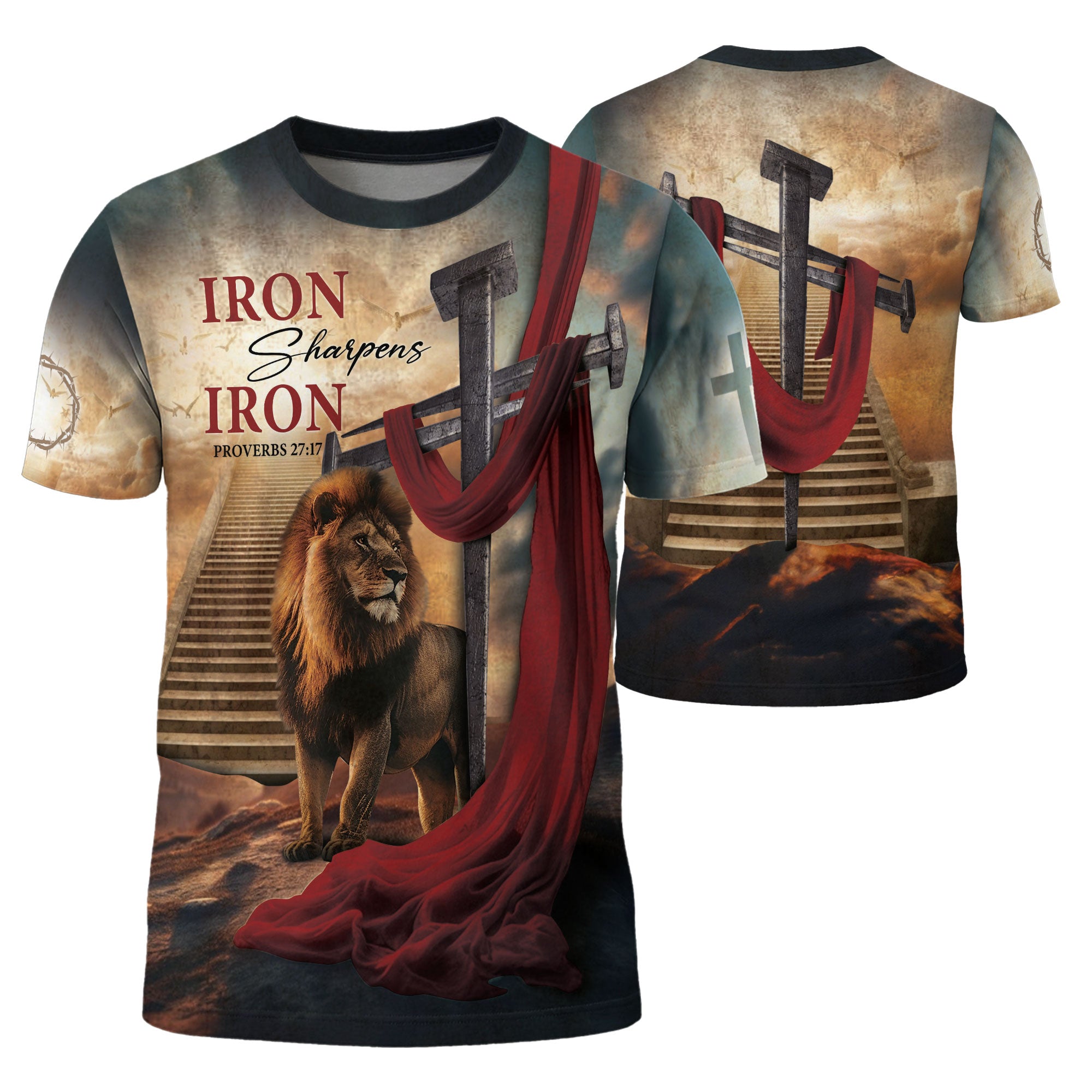 Iron Sharpens Iron Lion Cross Heaven Stairs - RustField Co Freedom Shirts, Christian Tee Shirts for Men - Rust Field Wear