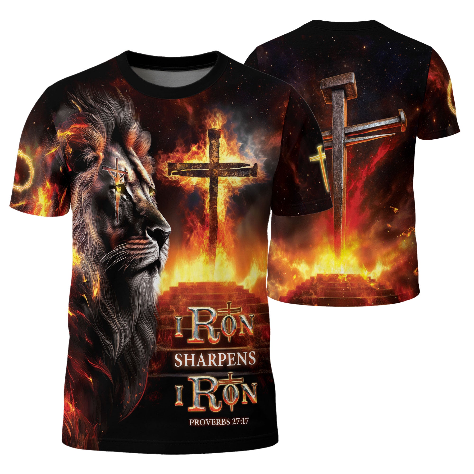 RustField Co Christian Tee Shirts - Iron Sharpens Iron Proverbs 27 17 Fiery Lion, Freedom Shirts for Men - Rust Field Wear
