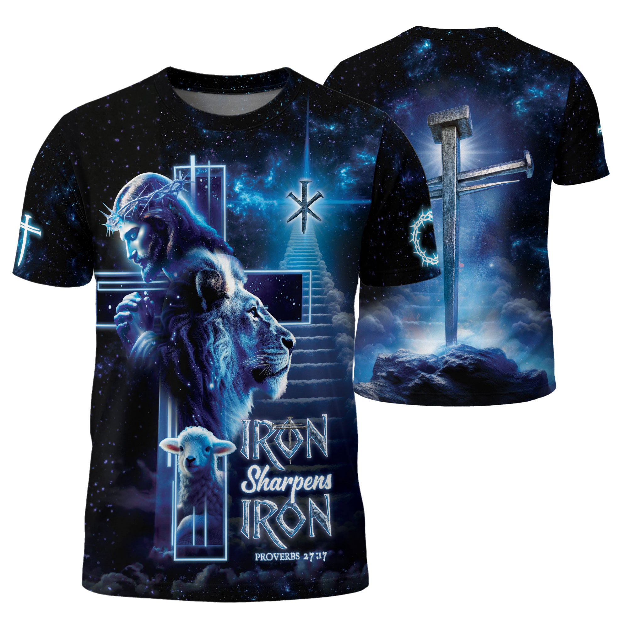 Christian Tee Shirts, Iron Sharpens Iron Proverbs 27 17 Cosmic - Freedom Shirts for Men, RustField Co - Rust Field Wear