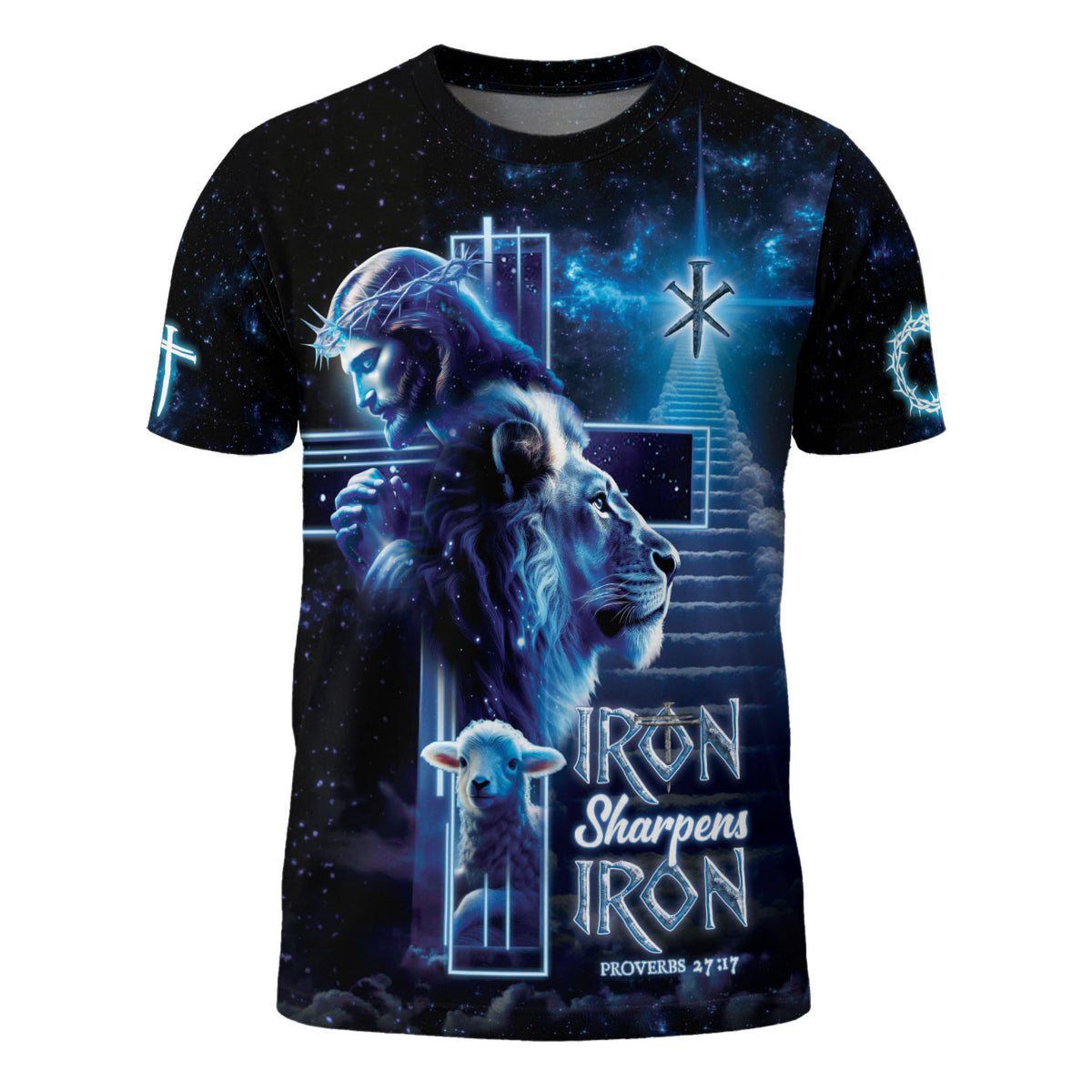 Iron Sharpens Iron Proverbs 27:17 Cosmic Jesus Shirt, Graphic Tee for Men, Christian Tee Shirts, Men's Scripture Faith Gift, Rustfield Co. - Rust Field Wear