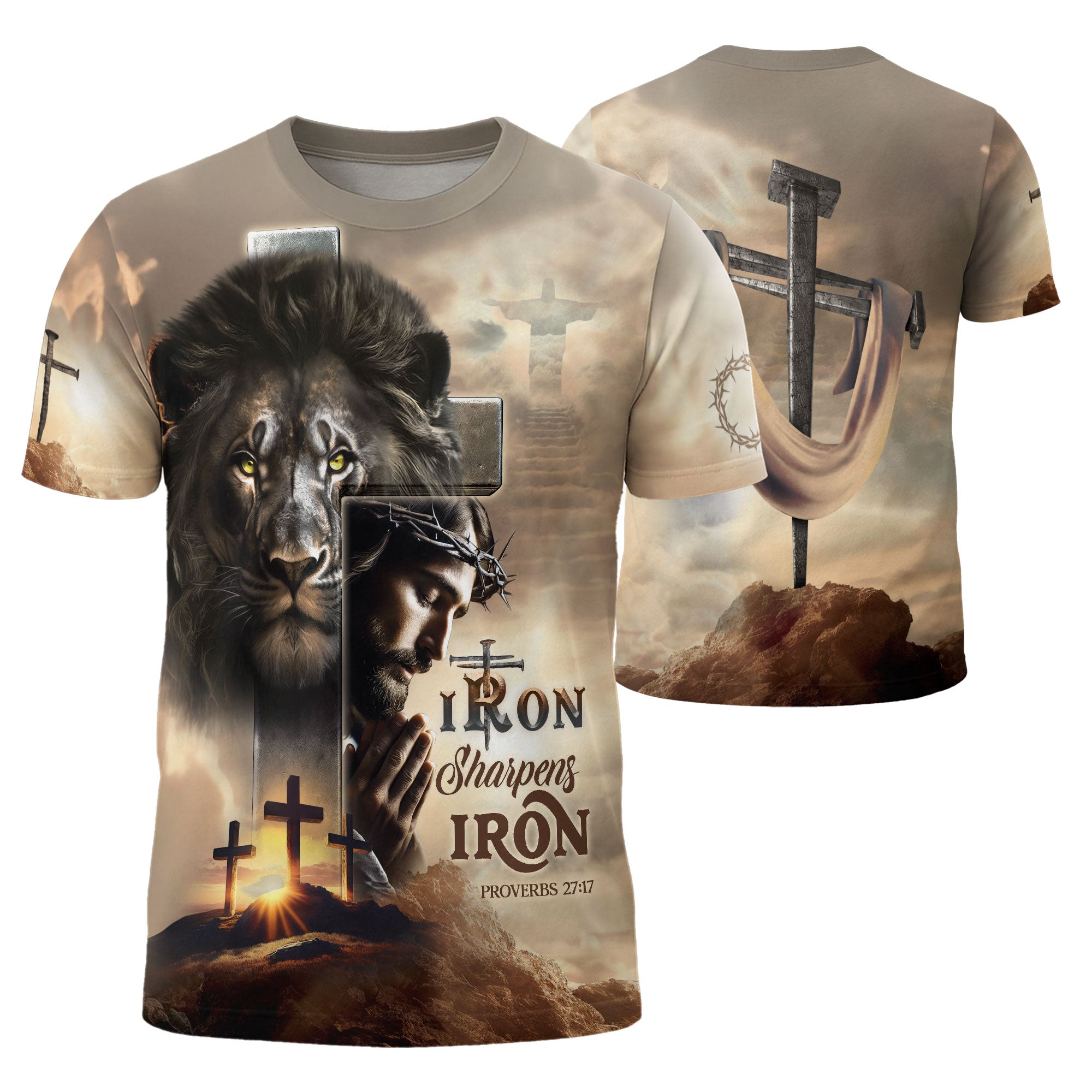 Iron Sharpens Iron Proverbs 27 17 Lion And Jesus - Christian Tee Shirts for Men, Freedom Shirts, RustField Co - Rust Field Wear