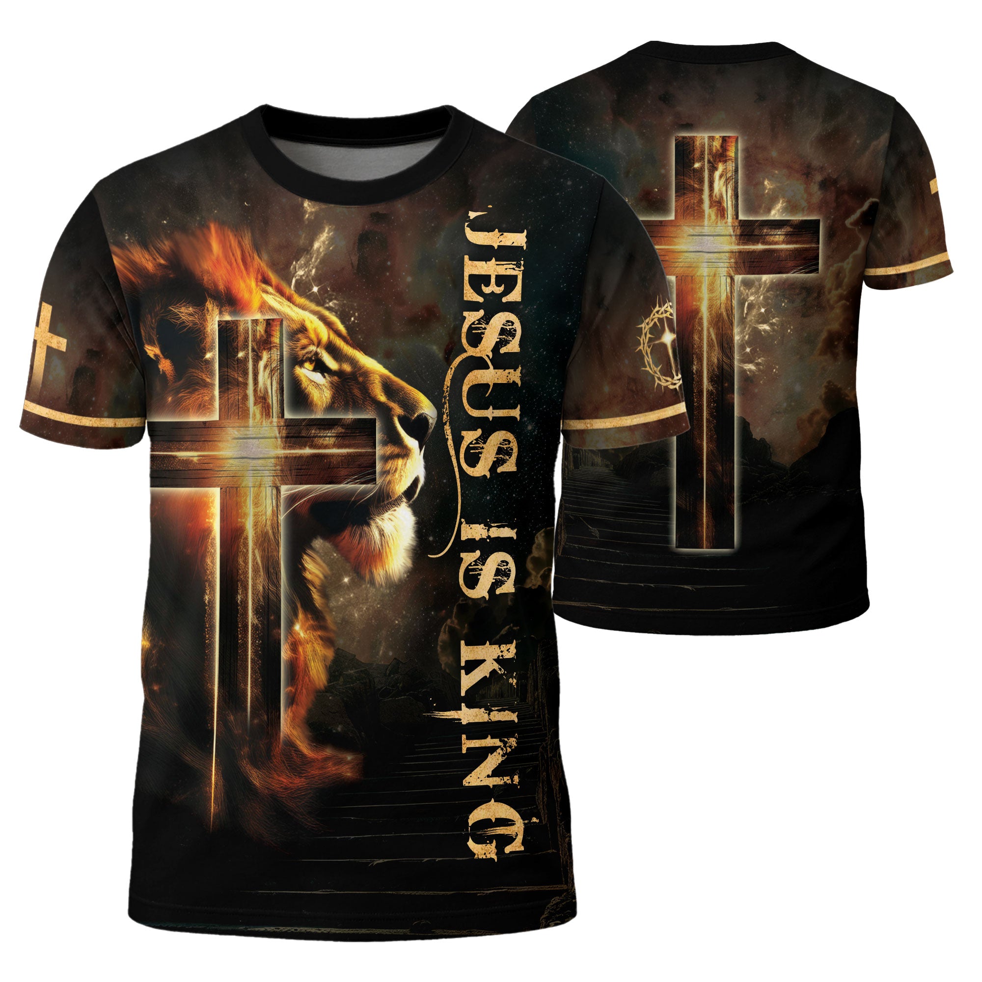Jesus Is King Glowing Cross Of Light And Lion - RustField Co Freedom Shirts, Christian Tee Shirts for Men - Rust Field Wear