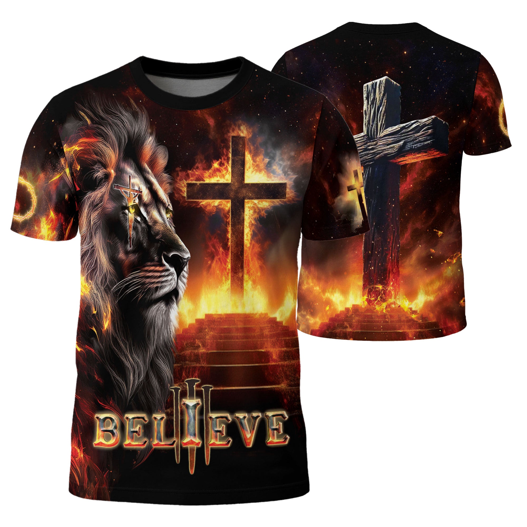 RustField Co Freedom Shirts - Believe In The Lion Of Judah And The Glowing Cross, Christian Tee Shirts for Men - Rust Field Wear