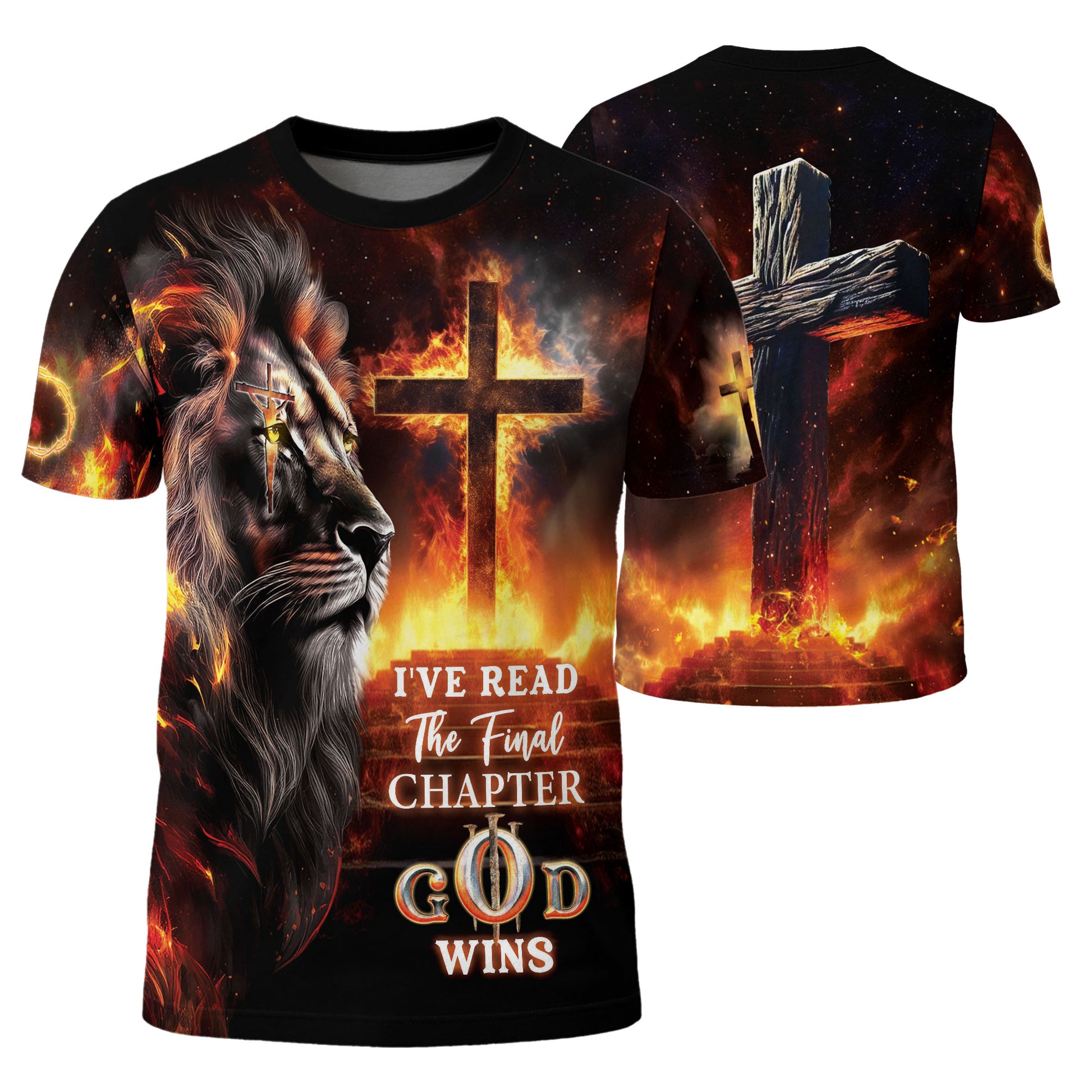 RustField Co, I've Read The Final Chapter God Wins Lion Cross Fire - Christian Tee Shirts for Men, Freedom Shirts - Rust Field Wear