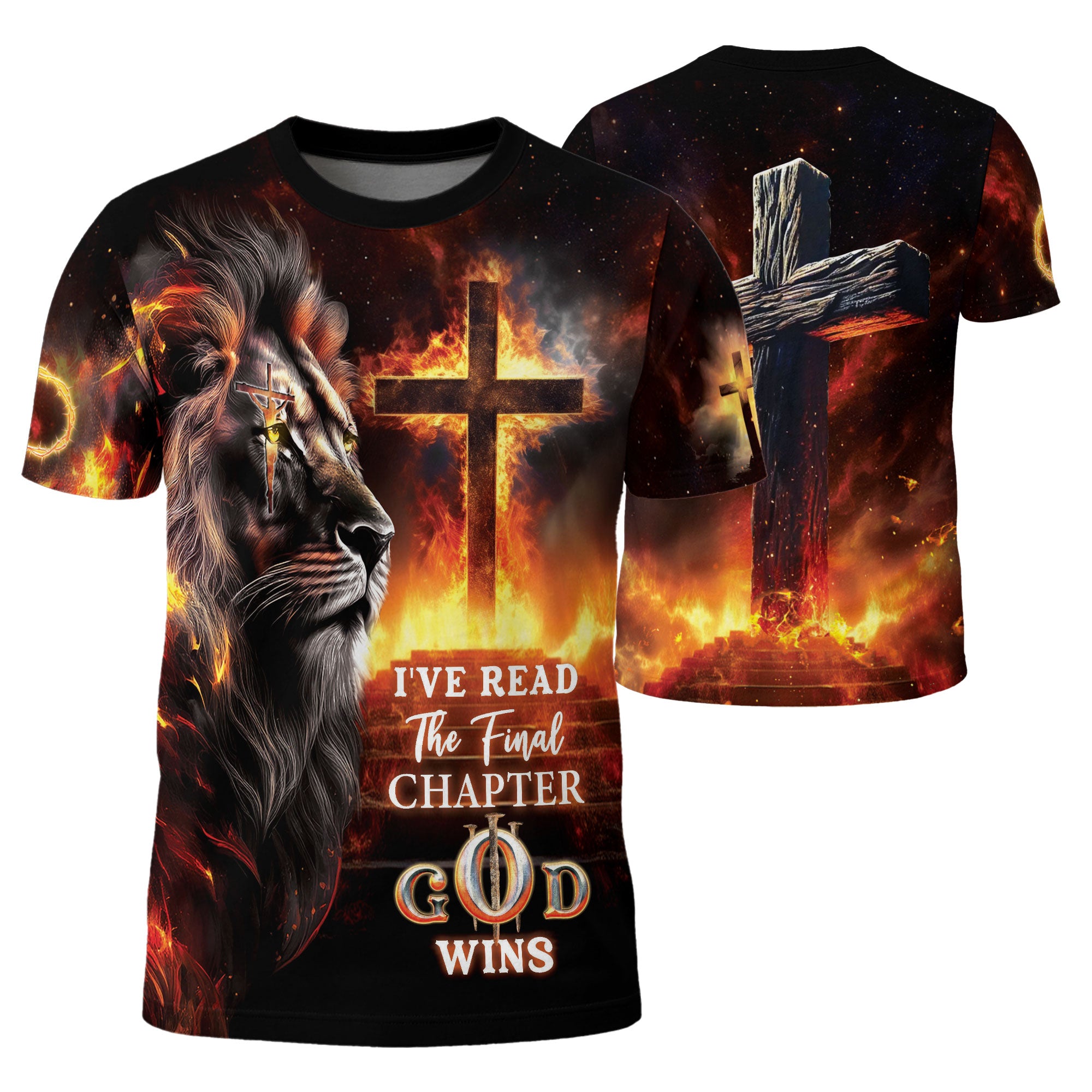 RustField Co, I've Read The Final Chapter God Wins Lion Cross Fire - Christian Tee Shirts for Men, Freedom Shirts - Rust Field Wear