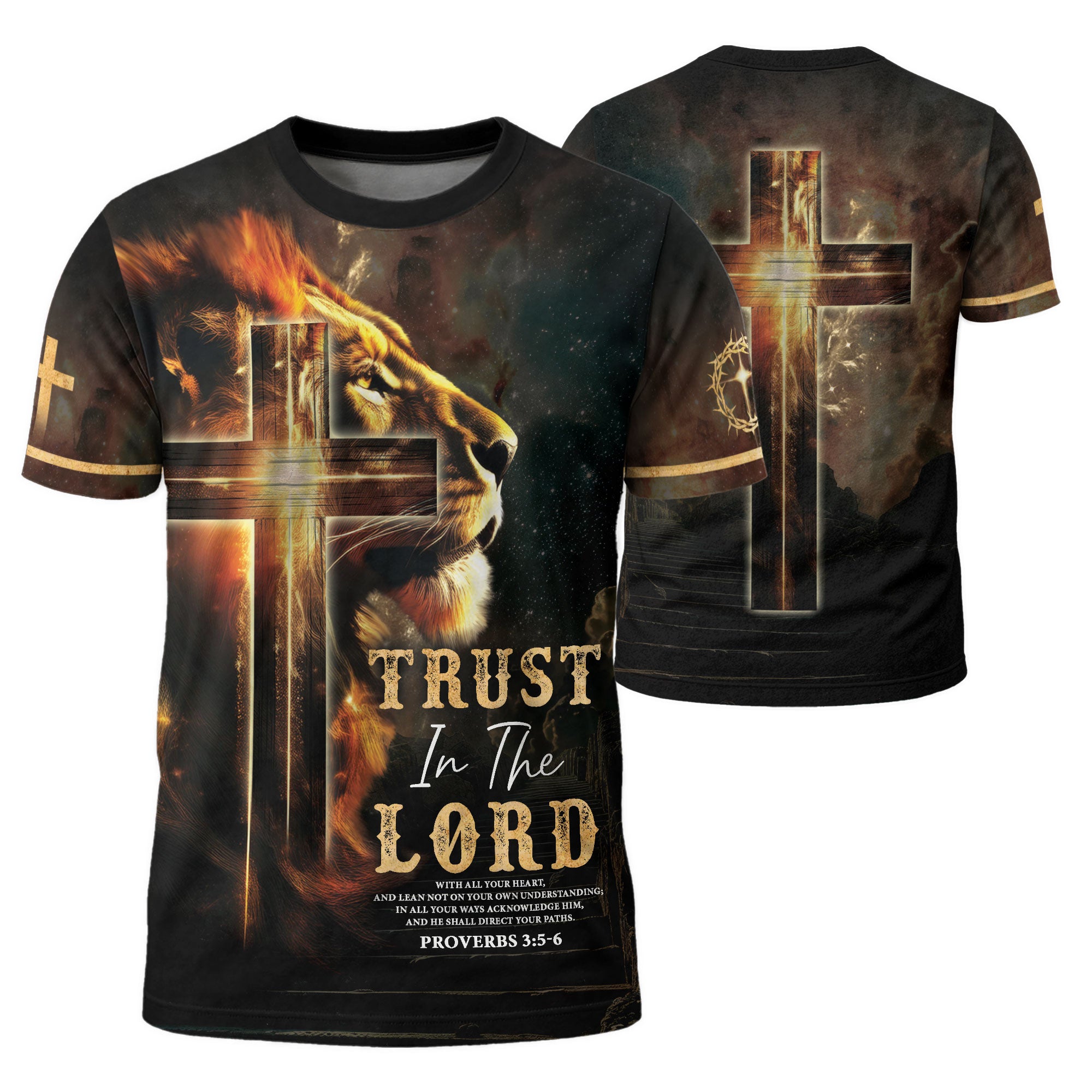 Trust In The Lord Proverbs 3 5 6 Lion And Cross - Christian Tee Shirts for Men, Freedom Shirts, RustField Co - Rust Field Wear