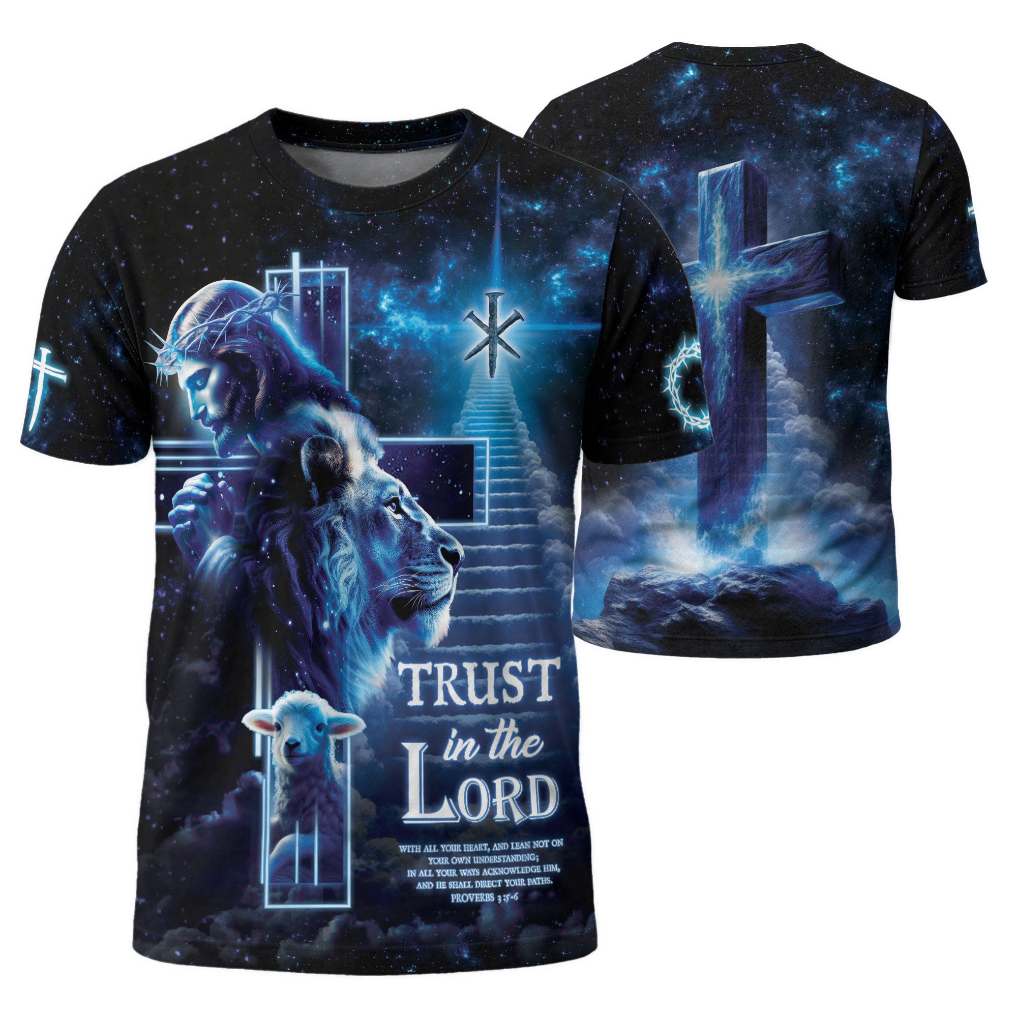 Christian Tee Shirts for Men, RustField Co - Trust in the Lord Proverbs 3 5 6 Lion and Lamb Cross, Freedom Shirts - Rust Field Wear