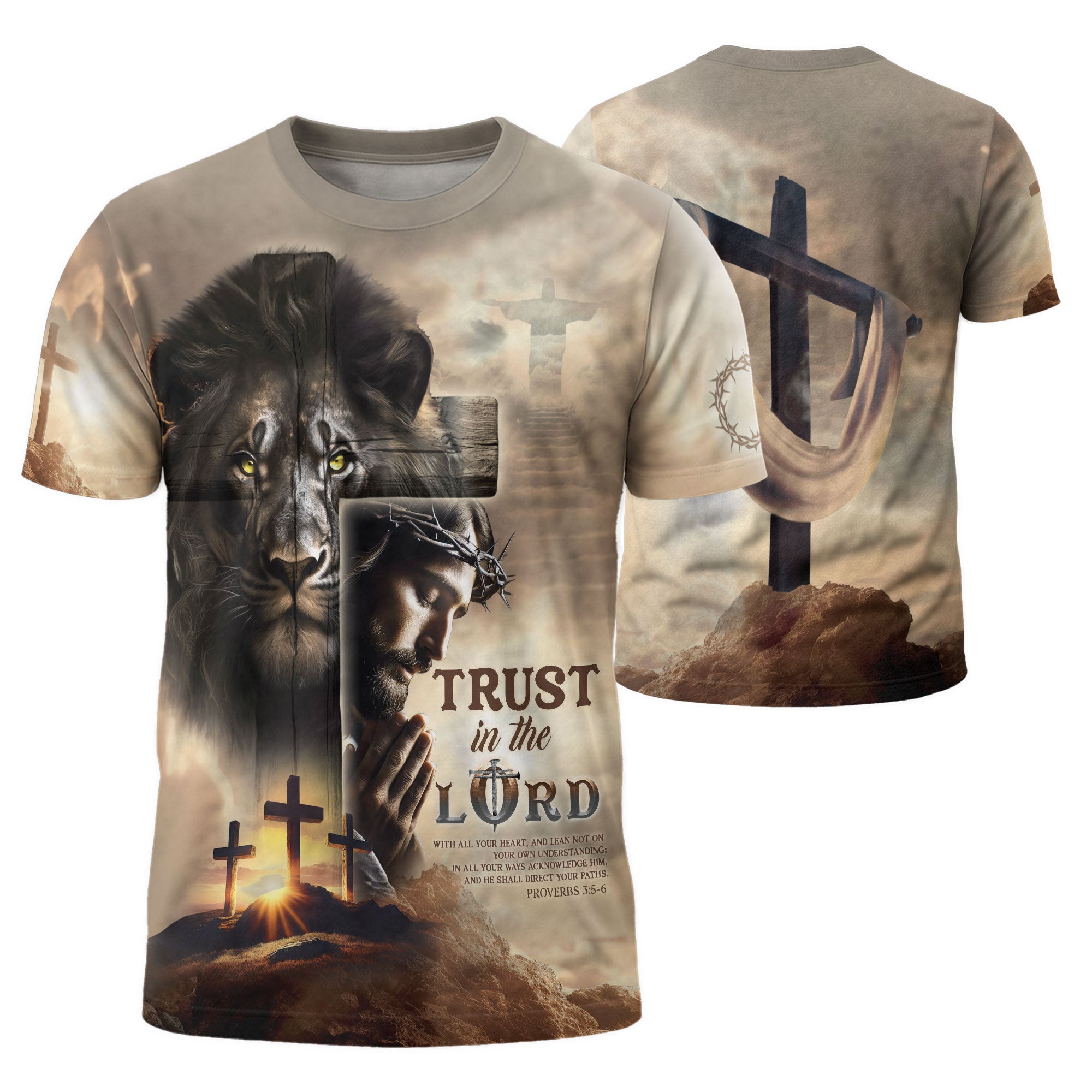Trust in the Lord Proverbs 3 5 6 Resurrection Cross and Lion - RustField Co Freedom Shirts, Christian Tee Shirts for Men - Rust Field Wear