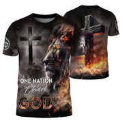 One Nation Under God Fiery Lion Cross, Freedom Shirts - Christian Tee Shirts for Men, RustField Co - Rust Field Wear