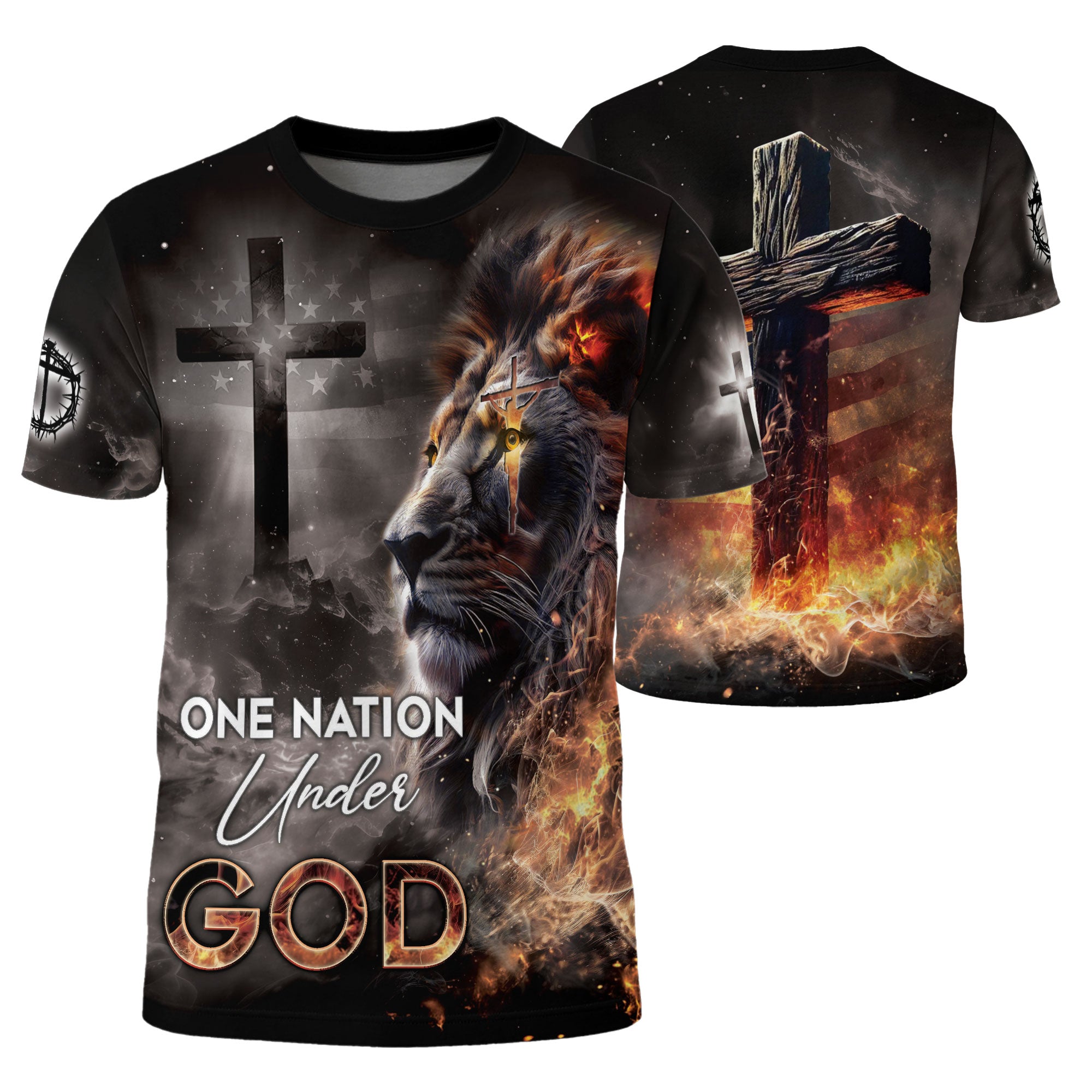 One Nation Under God Fiery Lion Cross, Freedom Shirts - Christian Tee Shirts for Men, RustField Co - Rust Field Wear