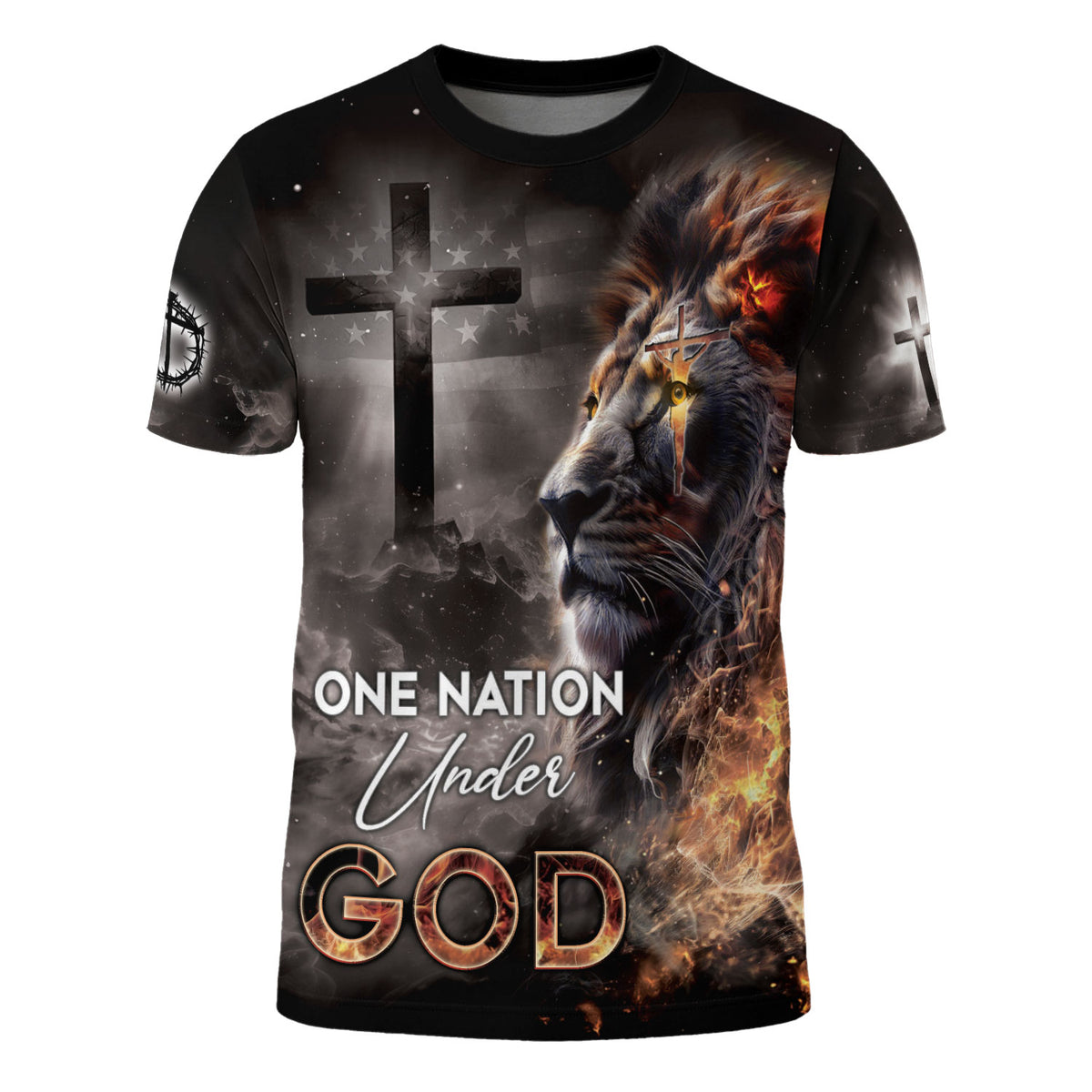 One Nation Under God Fiery Lion Cross Freedom Graphic Tee for Men, Christian Tee Shirts, Jesus Shirt, Religious Gift for Him, Rustfield Co. - Rust Field Wear