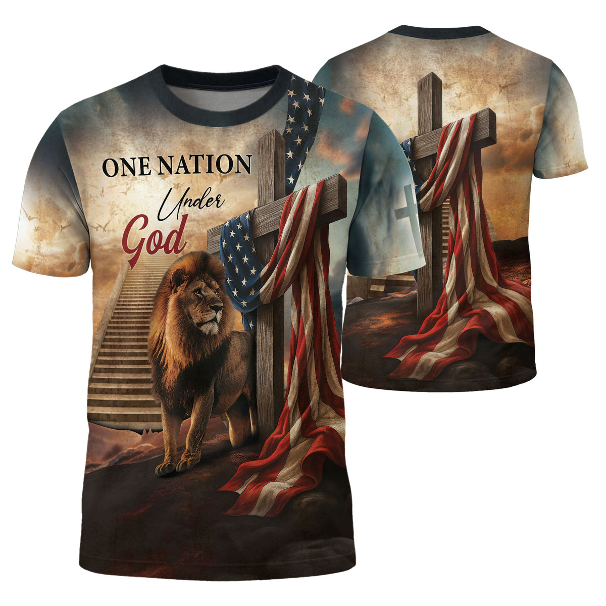 One Nation Under God Lion Cross Heaven Stairs - Christian Tee Shirts for Men, Freedom Shirts, RustField Co - Rust Field Wear