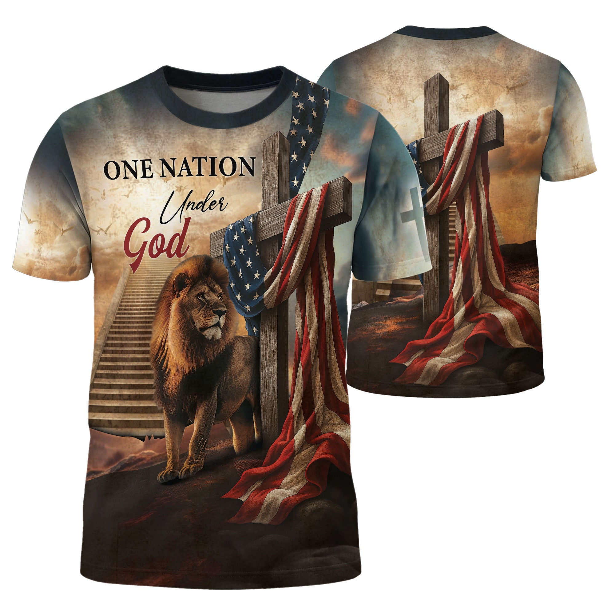 One Nation Under God Lion Cross Heaven Stairs - Christian Tee Shirts for Men, Freedom Shirts, RustField Co - Rust Field Wear