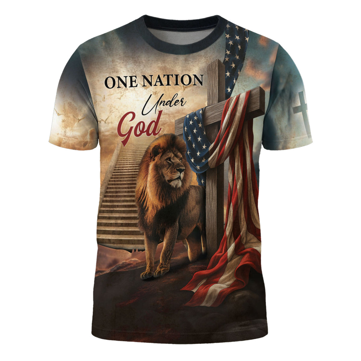 One Nation Under God Lion Cross Heaven Stairs Freedom Graphic Tee for Men, Christian Tee Shirts, Jesus Shirt, Men's Faith Gift, Rustfield Co. - Rust Field Wear