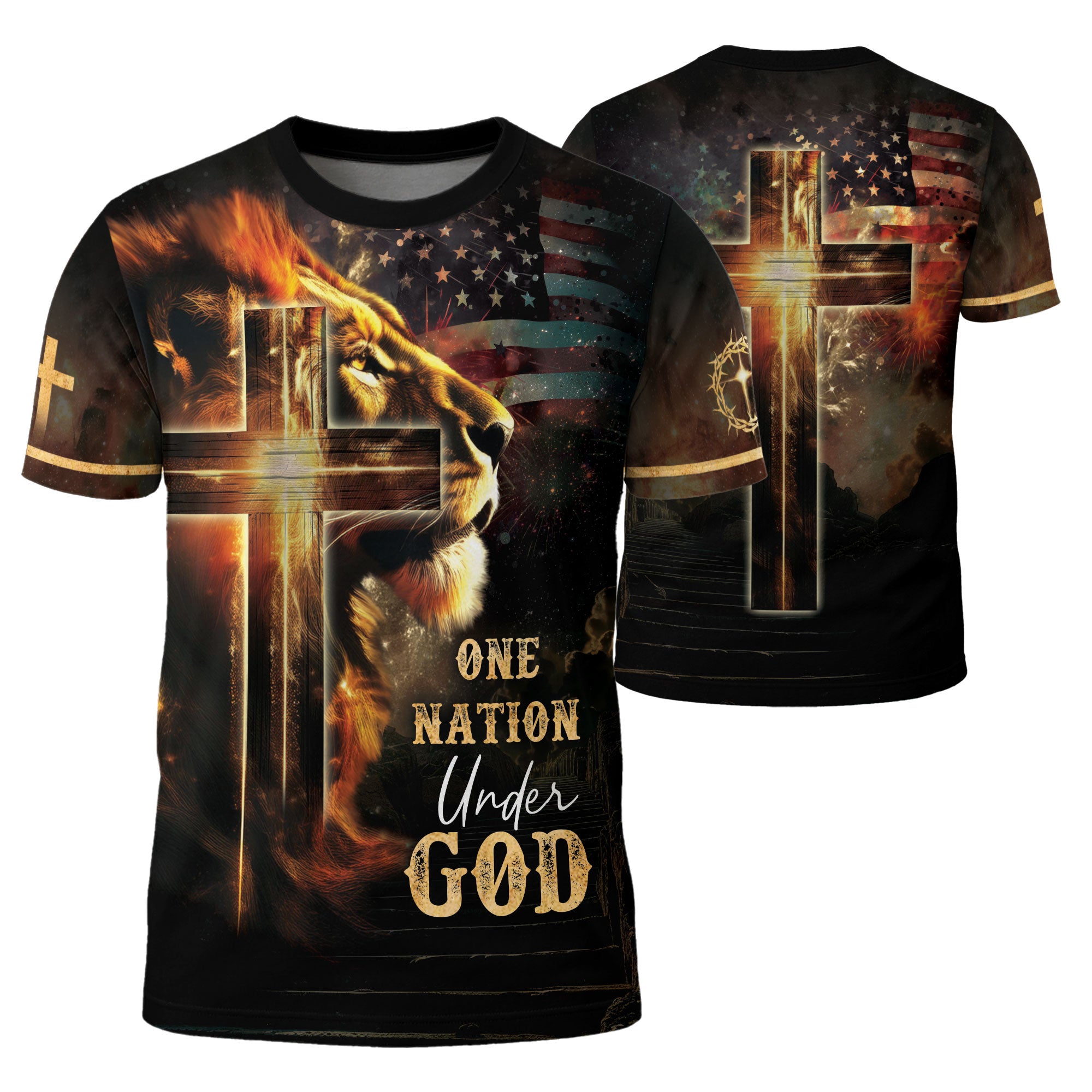 RustField Co, One Nation Under God Lion Cross American Flag - Christian Tee Shirts for Men, Freedom Shirts - Rust Field Wear