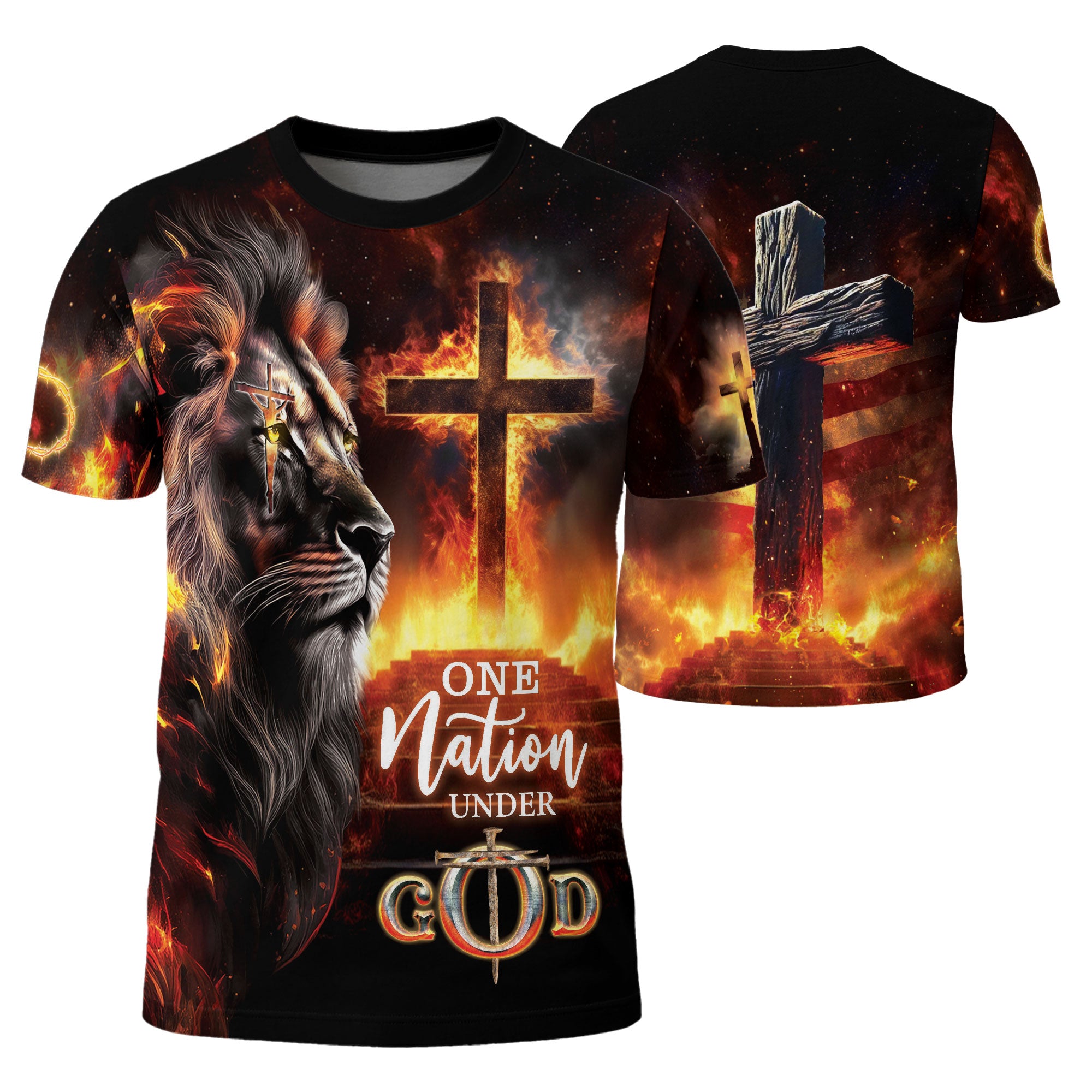 Christian Tee Shirts for Men - One Nation Under God Fire Cross Lion, RustField Co Freedom Shirts - Rust Field Wear