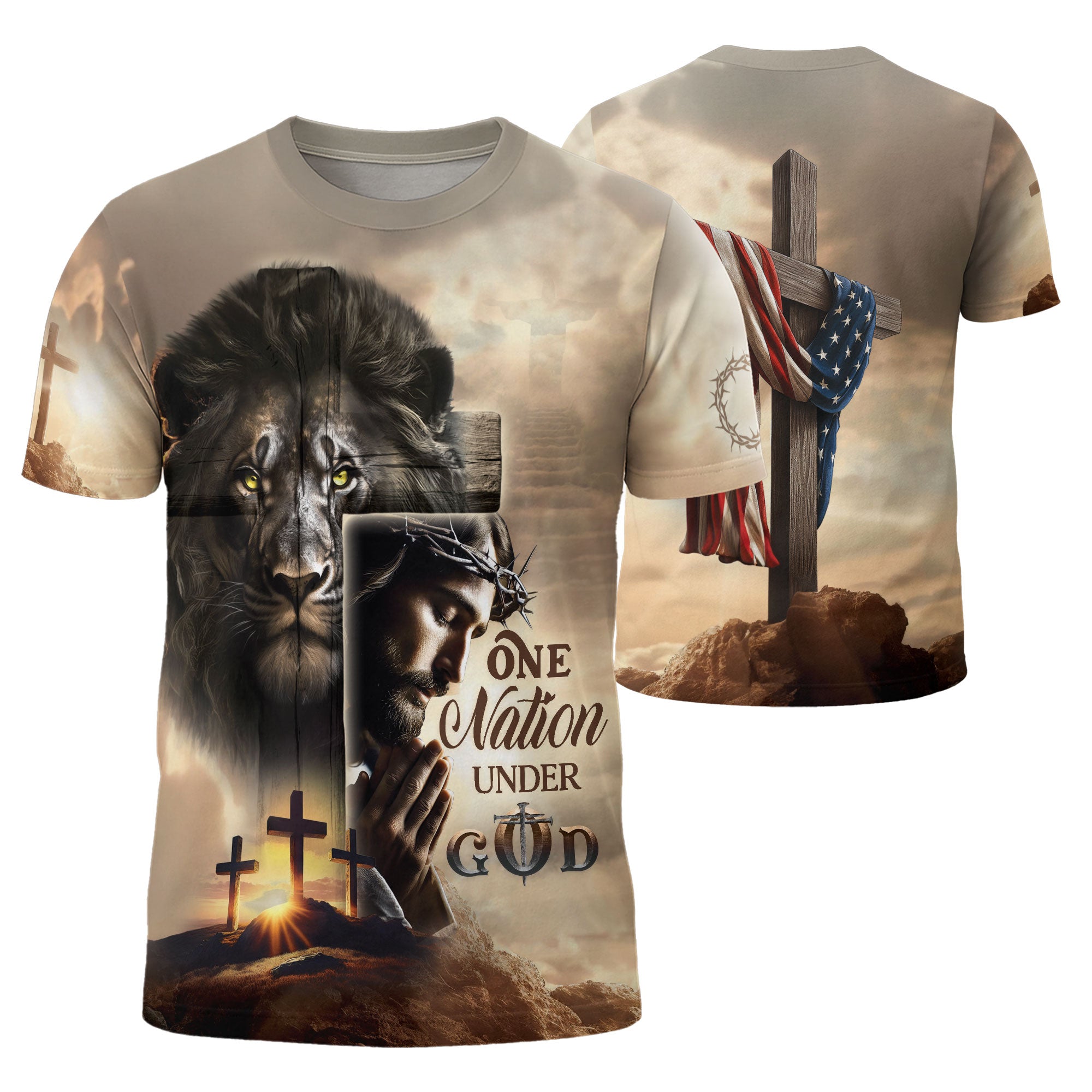 RustField Co Christian Tee Shirts - One Nation Under God Sunrise Lion Cross, Freedom Shirts for Men - Rust Field Wear