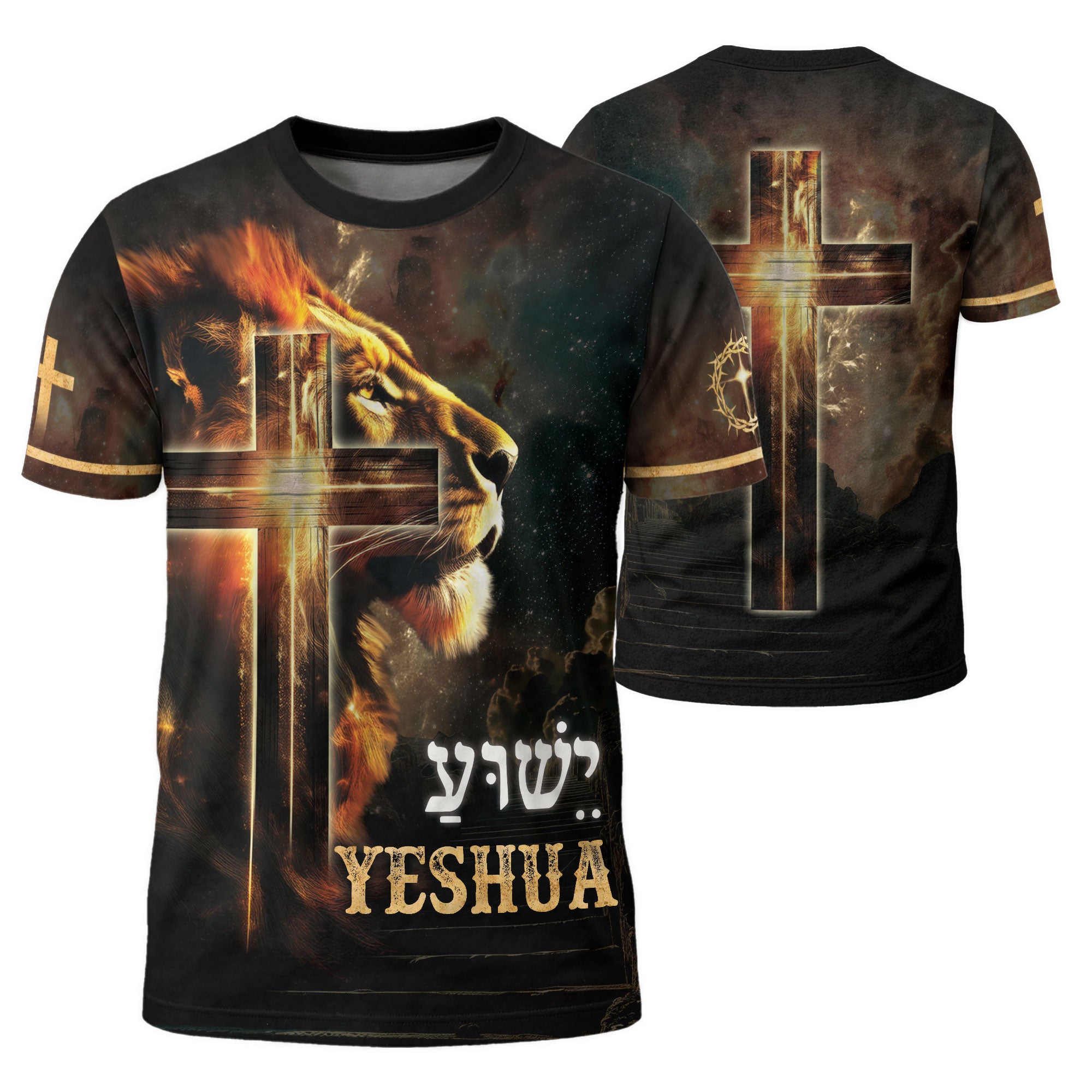 Yeshua Lion of Judah and Radiant Cross - RustField Co Freedom Shirts, Christian Tee Shirts for Men - Rust Field Wear