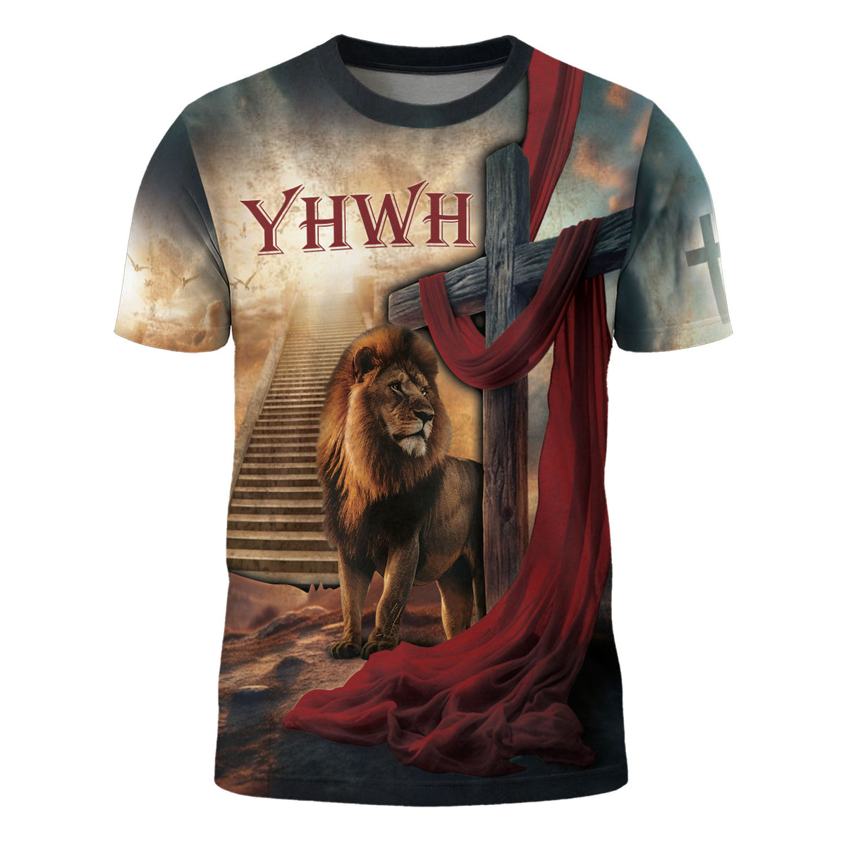 YHWH Lion and Cross Stairway to Heaven Graphic Tee for Men, Christian Tee Shirts, Jesus Shirt, Men's Scripture Faith Gift, Rustfield Co. - Rust Field Wear