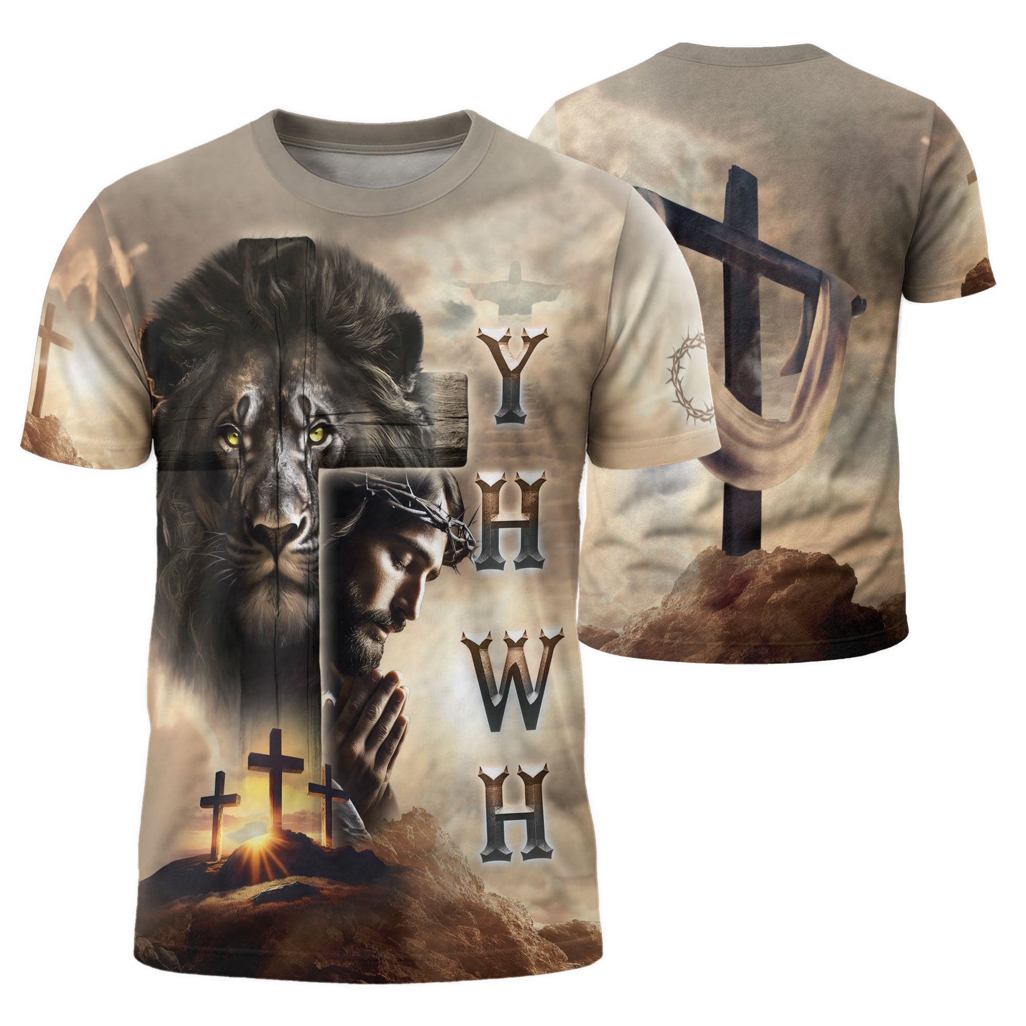 YHWH Jesus Praying with Lion and Cross - Christian Tee Shirts for Men, Freedom Shirts, RustField Co - Rust Field Wear
