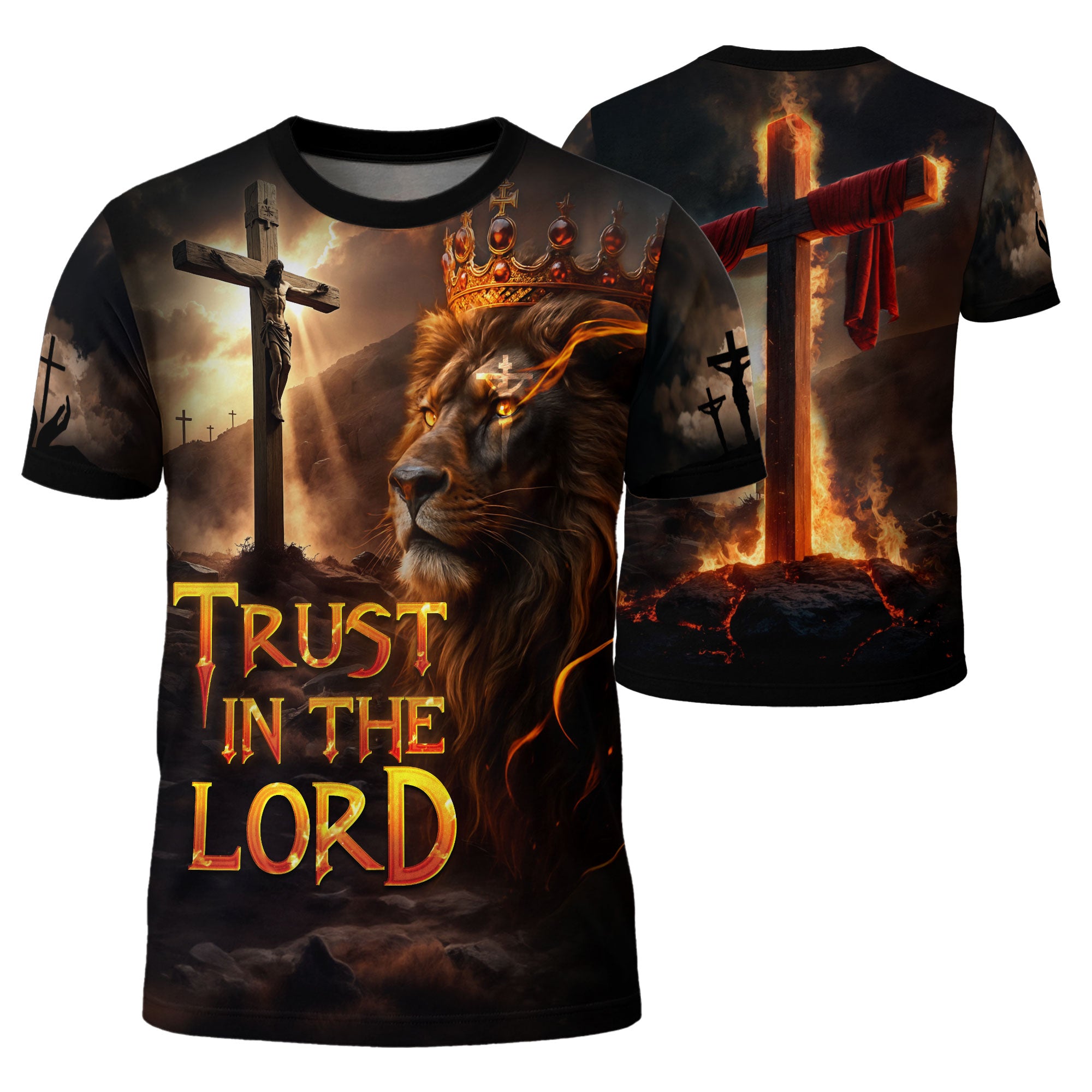 Christian Tee Shirts for Men - Trust In The Lord Fiery Cross Lion of Judah Warrior, RustField Co Freedom Shirts - Rust Field Wear
