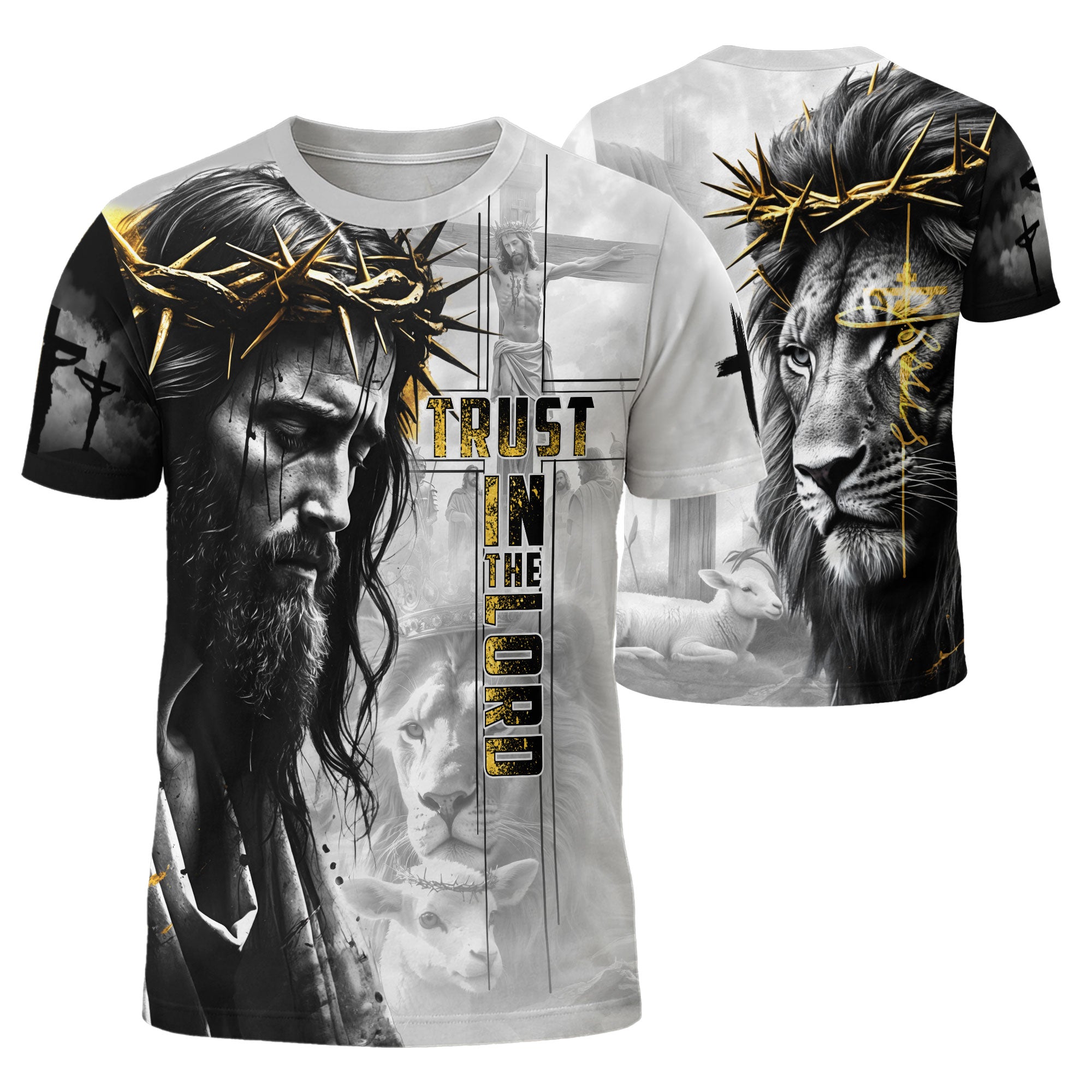 RustField Co Christian Tee Shirts - Trust In The Lord Crown of Thorns Lion and Lamb, Freedom Shirts for Men - Rust Field Wear