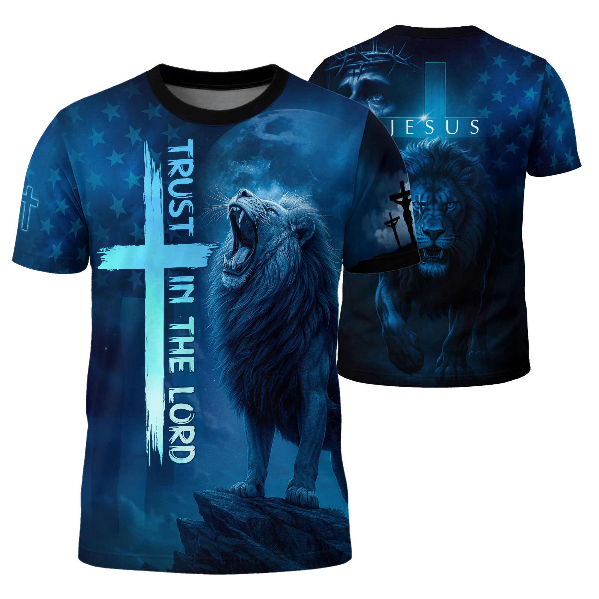 Christian Tee Shirts for Men, RustField Co - Trust In The Lord Cross and Lion, Freedom Shirts - Rust Field Wear