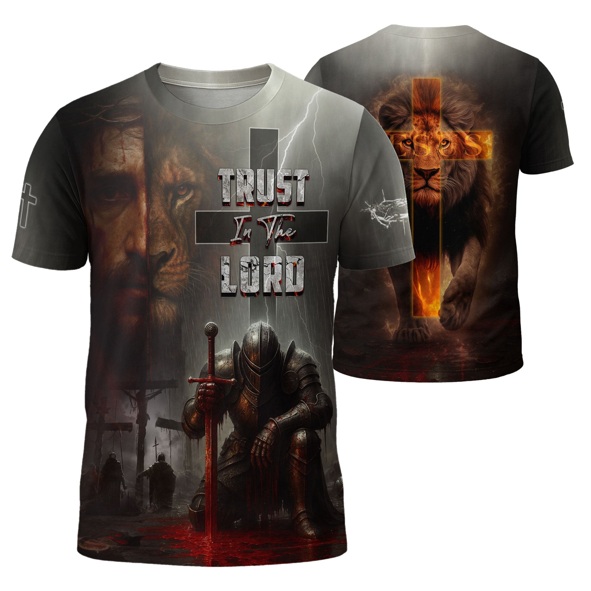 RustField Co Freedom Shirts - Trust In The Lord Knight and Lion Cross, Christian Tee Shirts for Men - Rust Field Wear