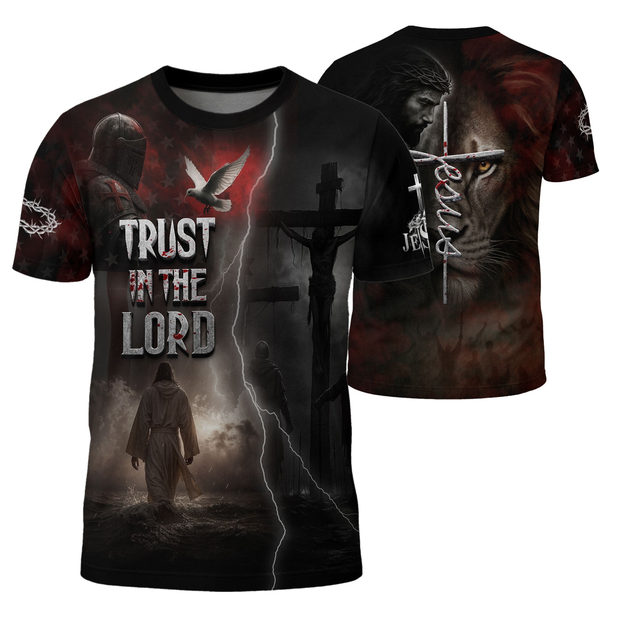 Christian Tee Shirts for Men - Trust In The Lord Knight Cross and Lion, RustField Co Freedom Shirts - Rust Field Wear