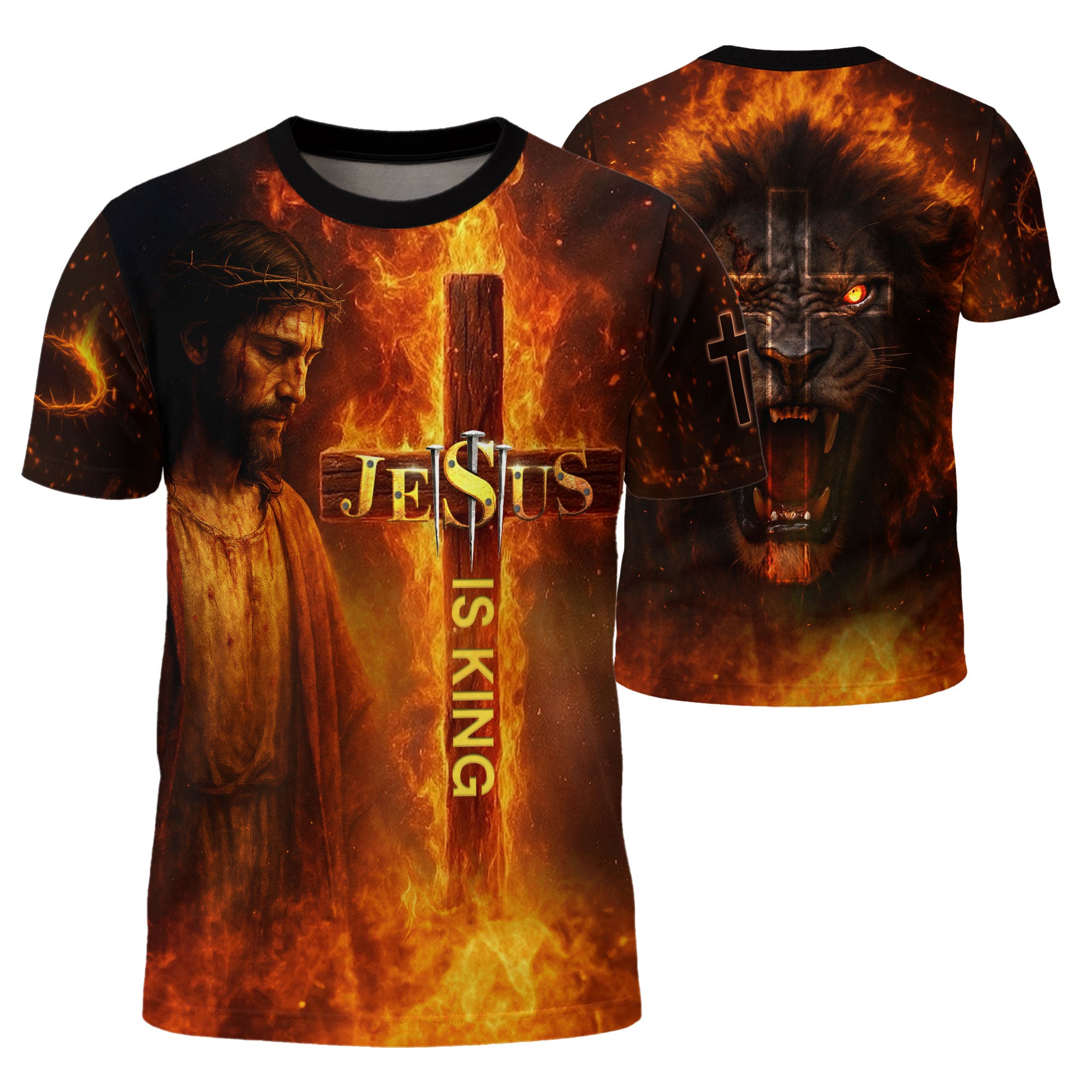 Jesus Is King Cross and Lion Fire Art - RustField Co Freedom Shirts, Christian Tee Shirts for Men - Rust Field Wear