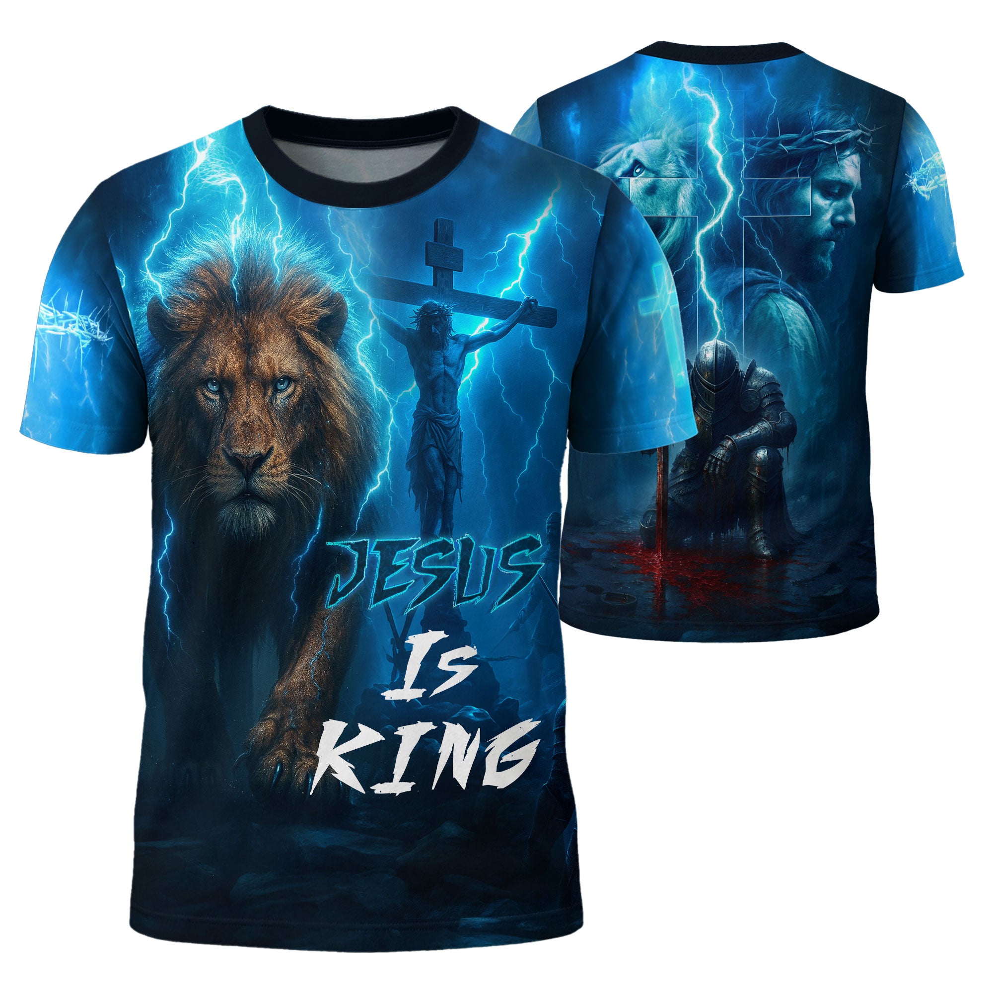 RustField Co Freedom Shirts - Jesus Is King Lightning Lion Cross, Christian Tee Shirts for Men - Rust Field Wear