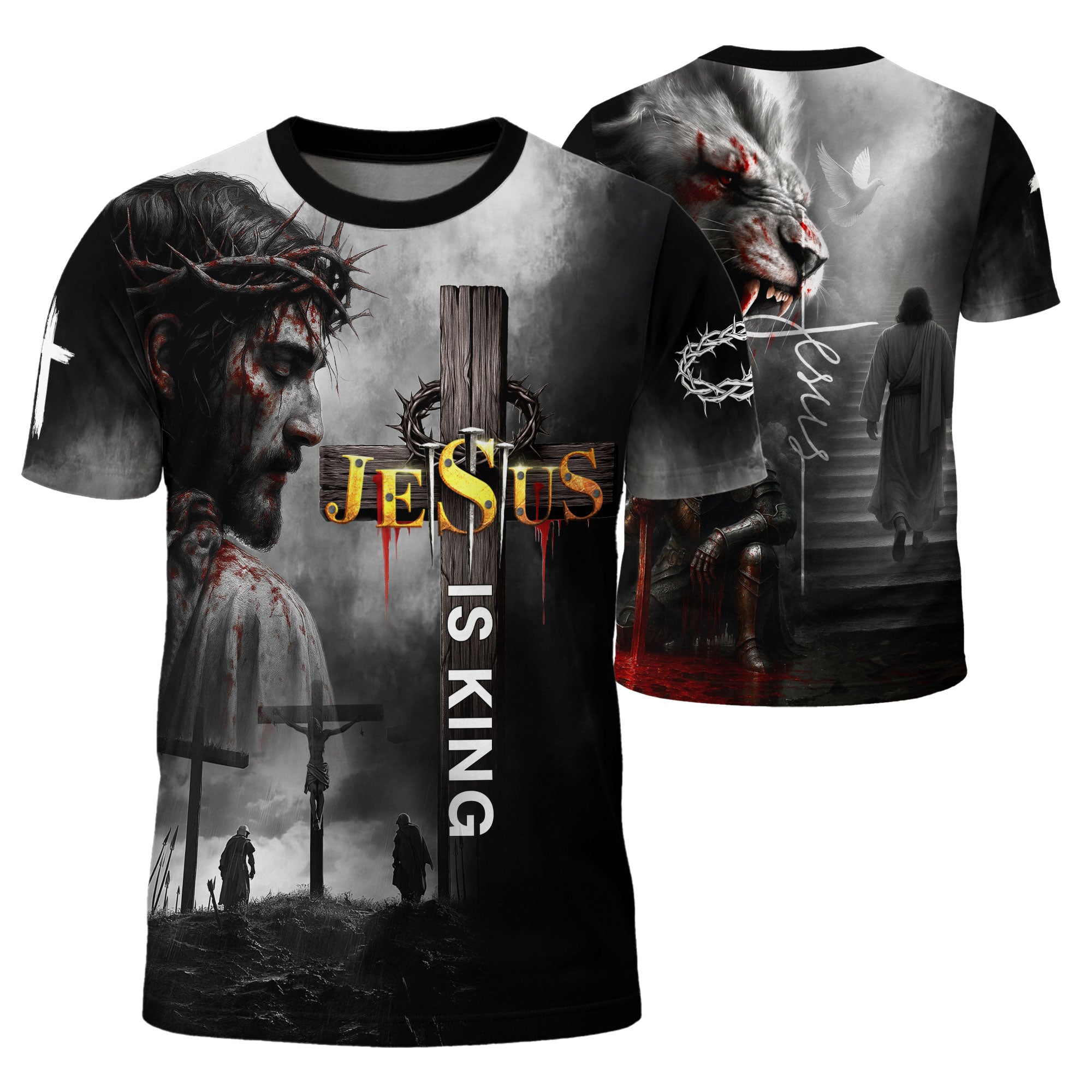Jesus Is King Cross and Lion Warrior Faith Christian Tee Shirts - Freedom Shirts for Men, RustField Co - Rust Field Wear