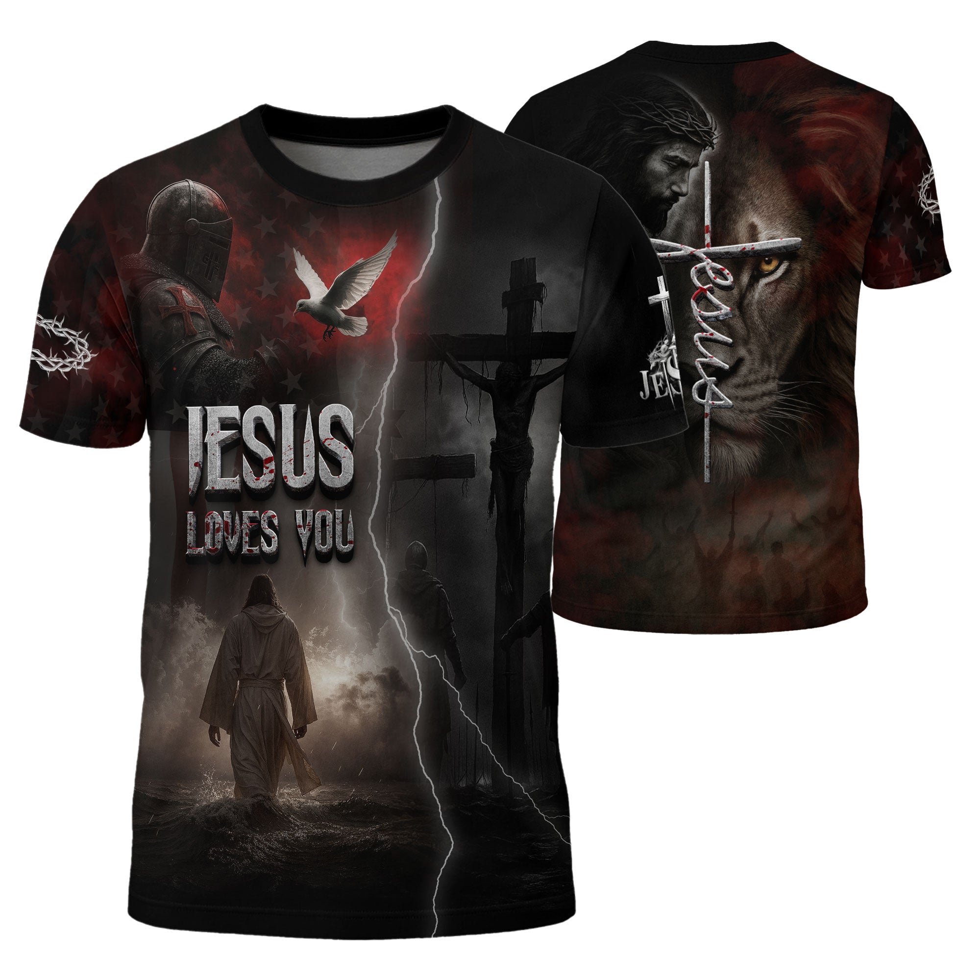 Christian Tee Shirts for Men - Jesus Loves You Storm of Salvation Lion, RustField Co Freedom Shirts - Rust Field Wear