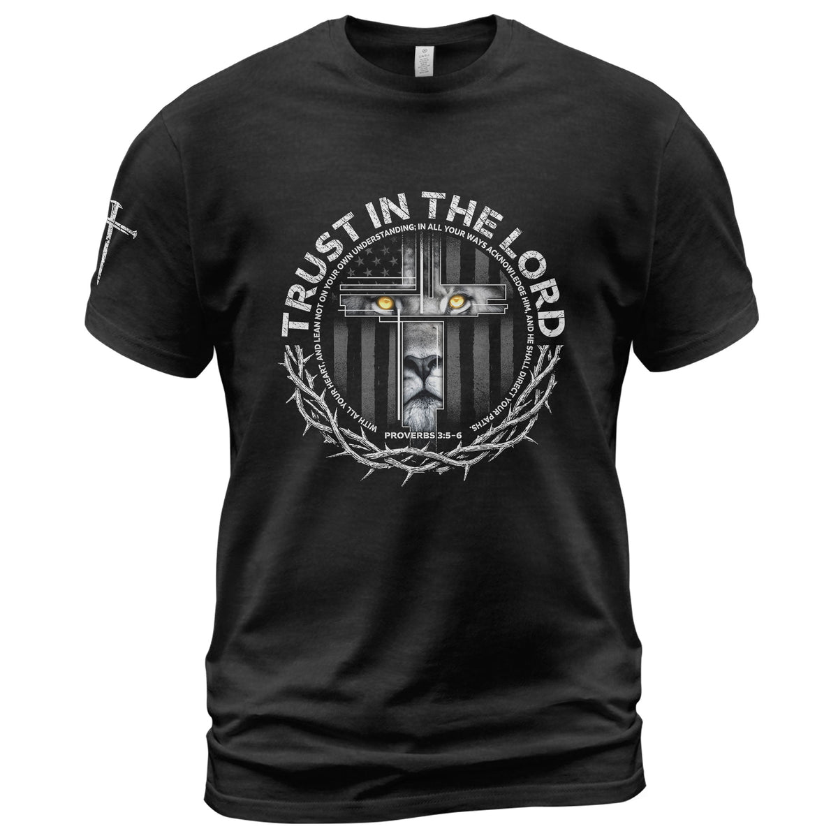 Trust In The Lord Proverbs 3:5 Lion Cross - Christian Shirts for Men, Faith Based Christian Tee Shirts - Rust Field Wear