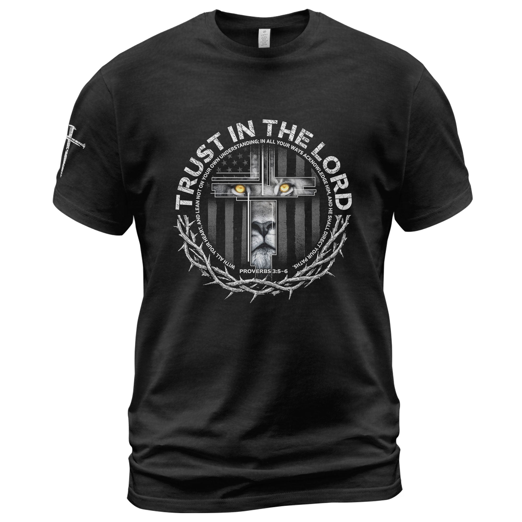 Trust In The Lord Proverbs 3:5 Lion Cross - Christian Shirts for Men, Faith Based Christian Tee Shirts - Rust Field Wear