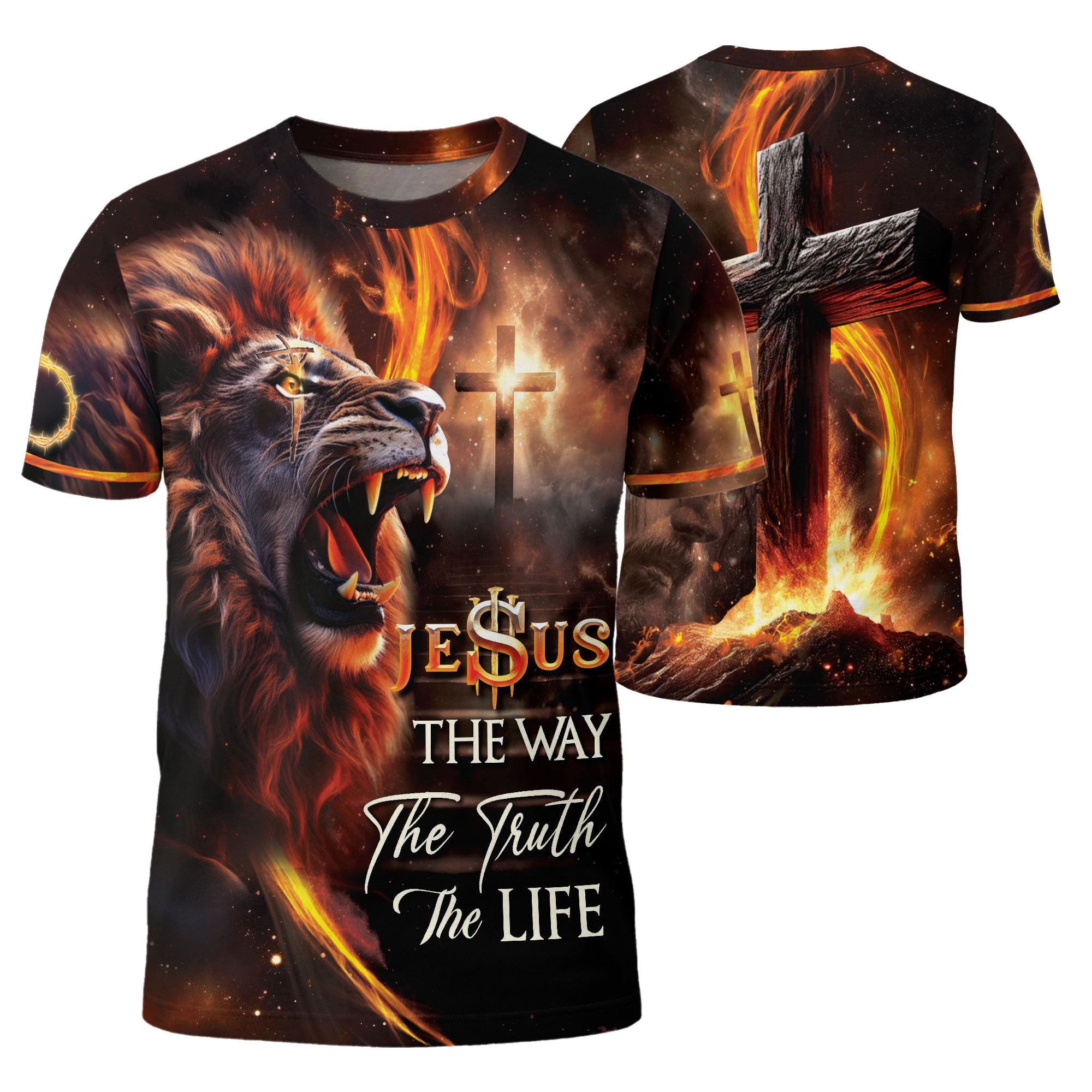 Freedom Shirts for Men, Jesus The Way The Truth The Life Cross and Lion Fire - Christian Tee Shirts, RustField Co - Rust Field Wear