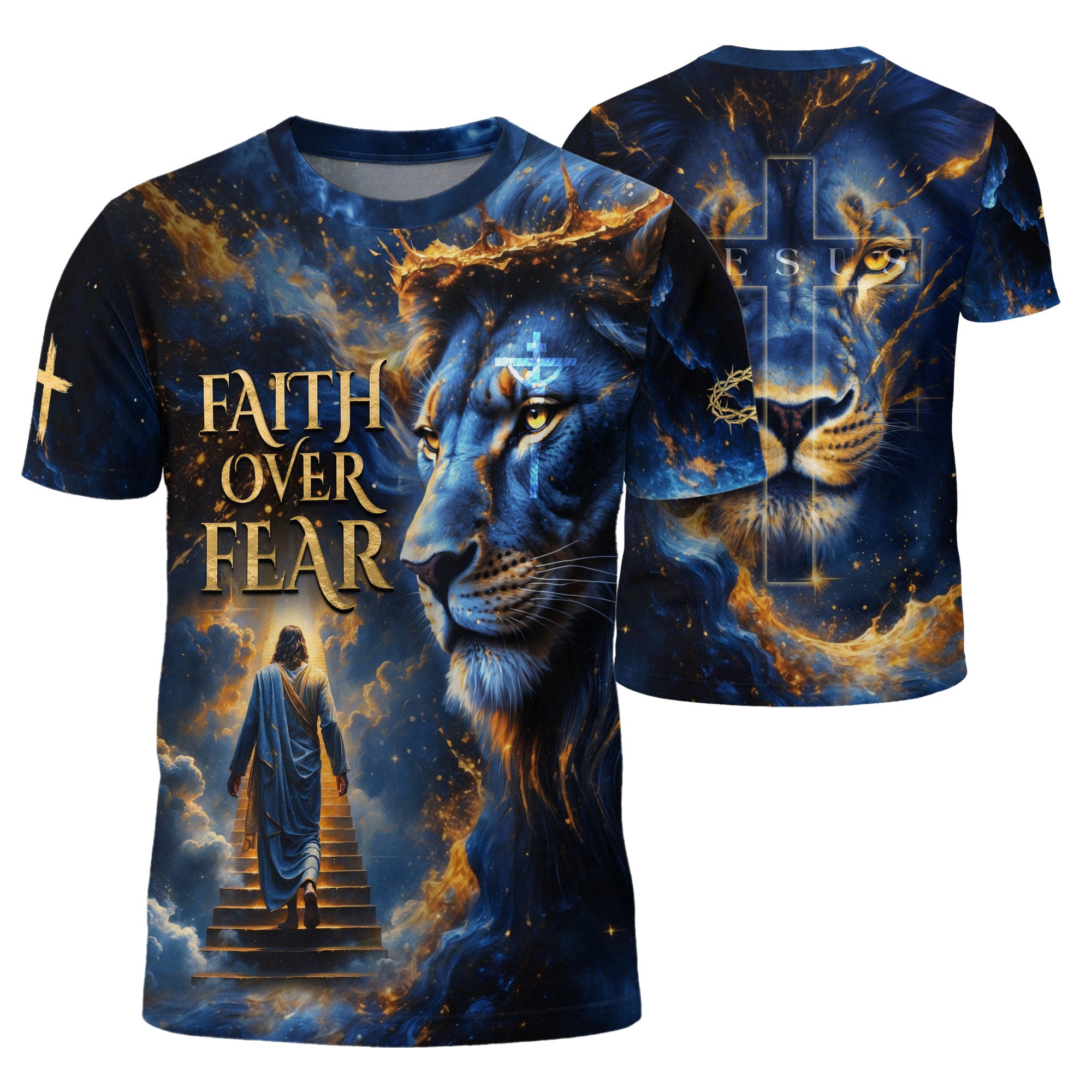 Faith Over Fear Lion and Jesus Ascending Stairs, Freedom Shirts - Christian Tee Shirts for Men, RustField Co - Rust Field Wear
