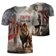 Freedom Shirts - Faith Over Fear American Flag Lion and Cross, Christian Tee Shirts for Men, RustField Co - Rust Field Wear