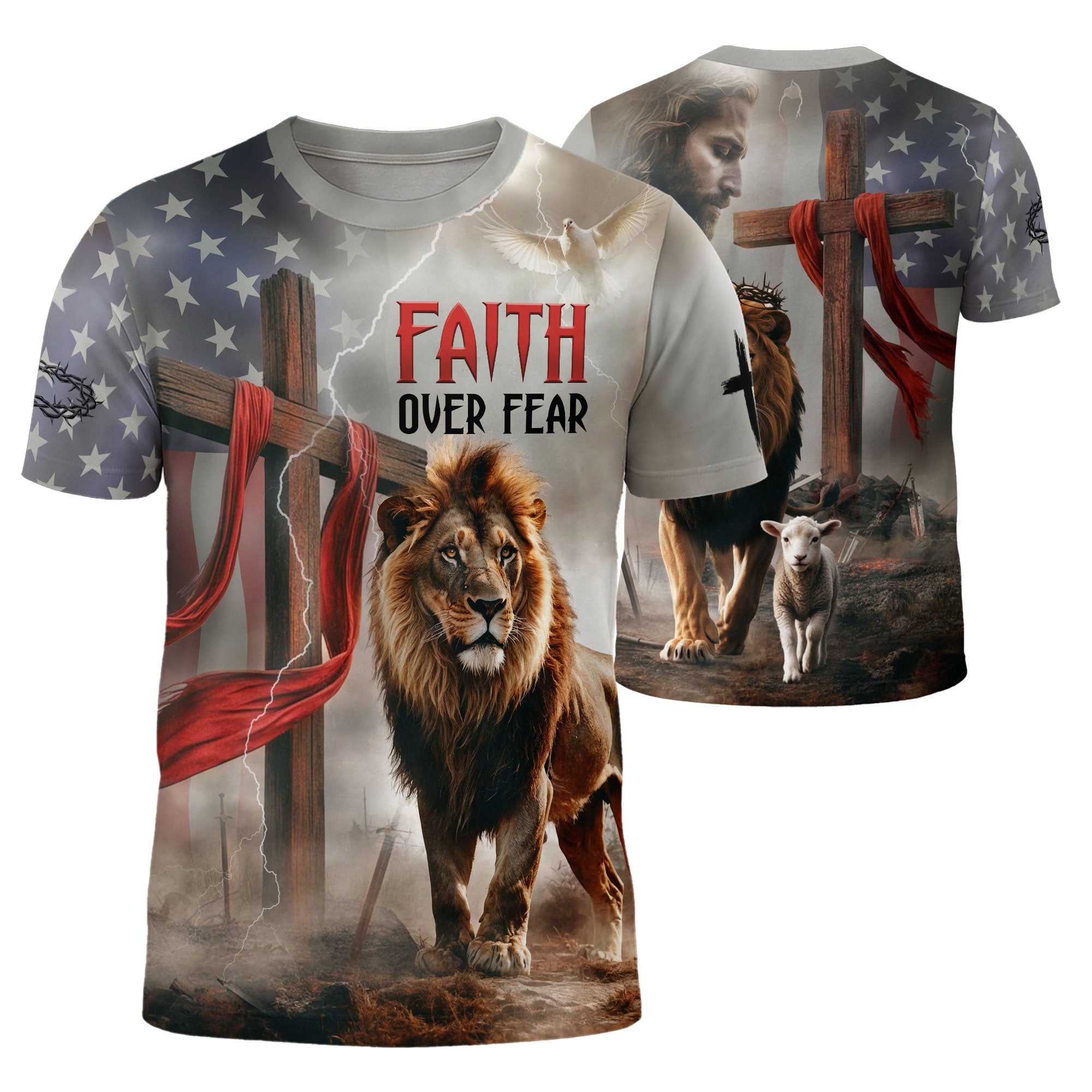 Freedom Shirts - Faith Over Fear American Flag Lion and Cross, Christian Tee Shirts for Men, RustField Co - Rust Field Wear