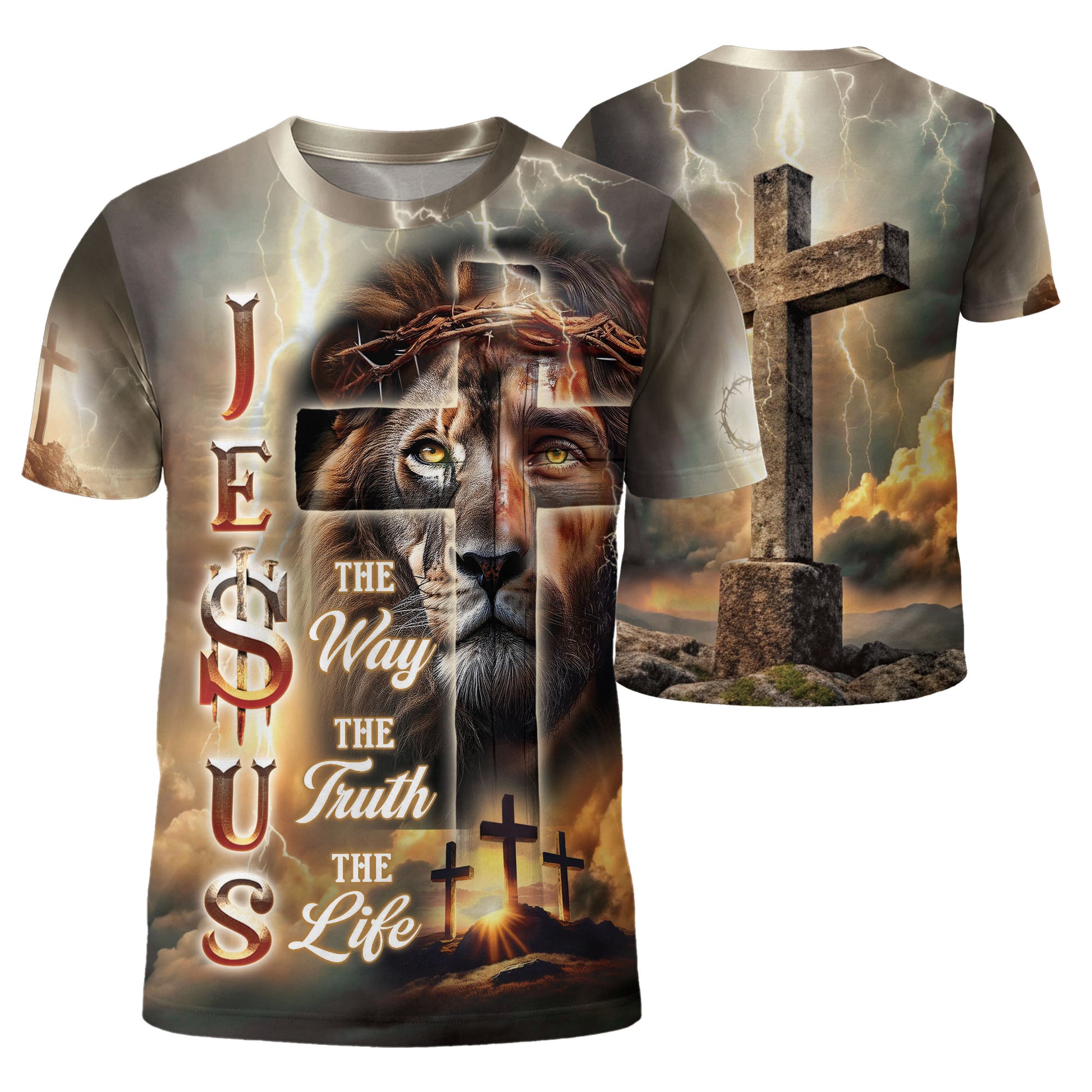 RustField Co Christian Tee Shirts - Jesus The Way The Truth The Life Lion and Cross Lightning, Freedom Shirts for Men - Rust Field Wear