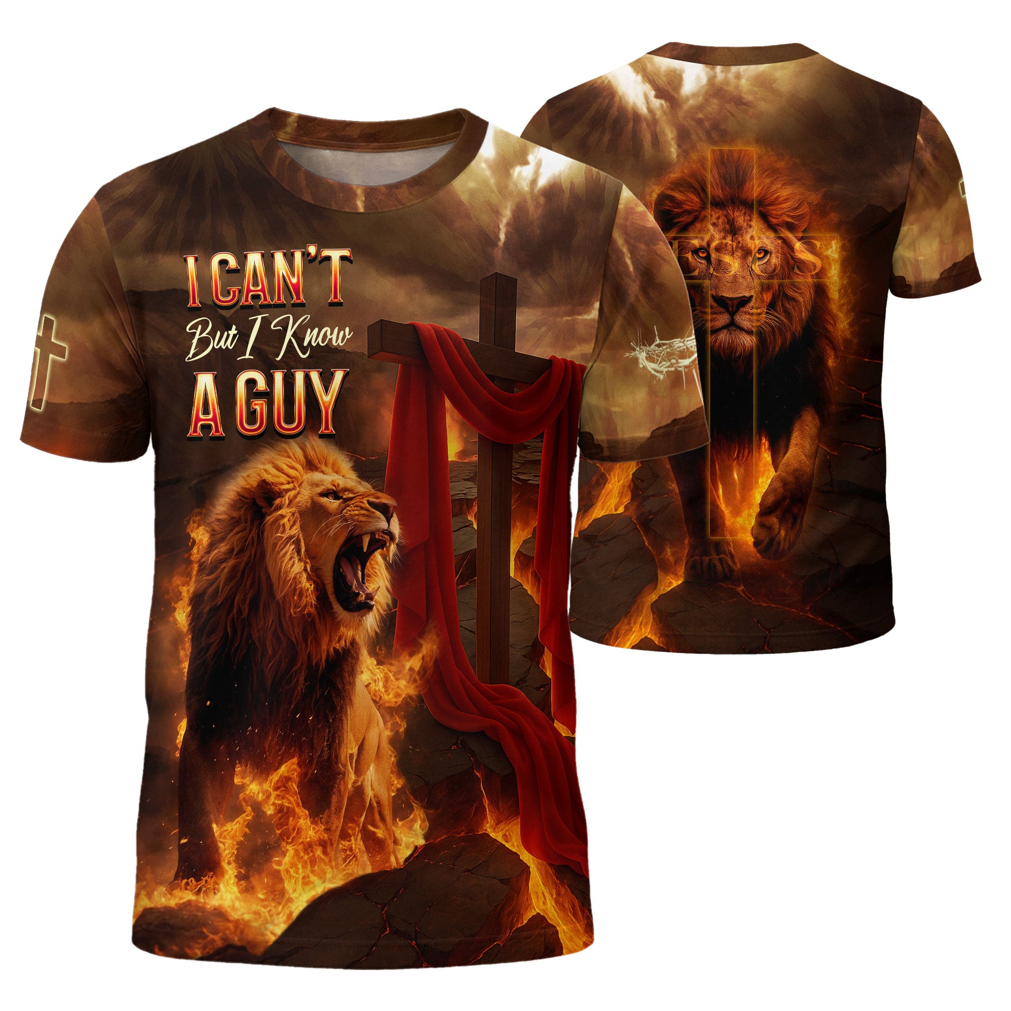 RustField Co Christian Tee Shirts - I Can't But I Know A Guy Lion of Judah Fire Cross, Freedom Shirts for Men - Rust Field Wear