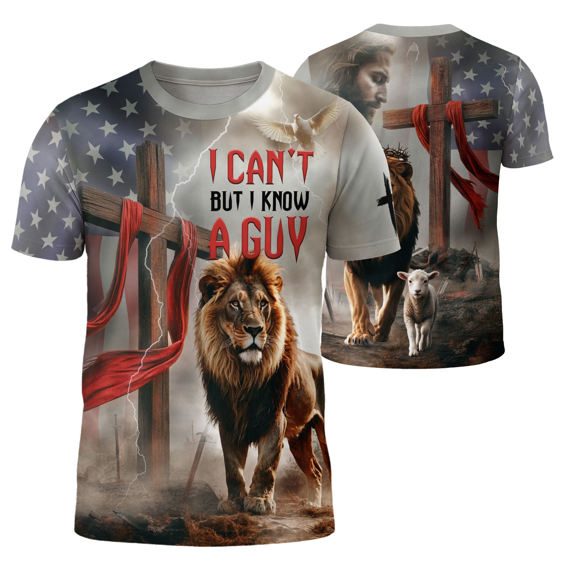 Christian Tee Shirts, I Can't But I Know A Guy Jesus Lion and Cross American Faith - Freedom Shirts for Men, RustField Co - Rust Field Wear